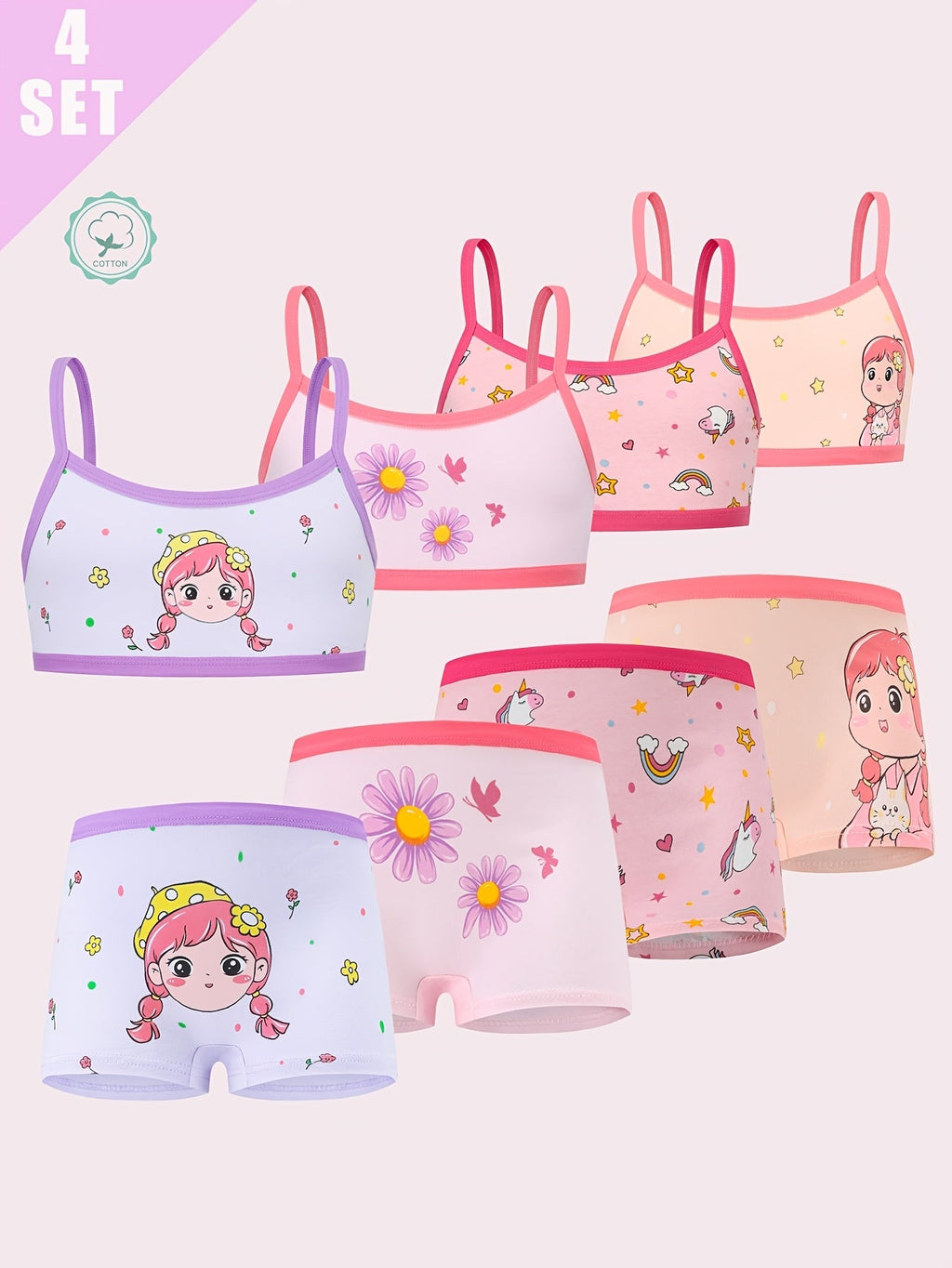 Girls Underwear Sets Four-Pack with Printed Camisole Bras and Boxer Briefs for Everyday Layering