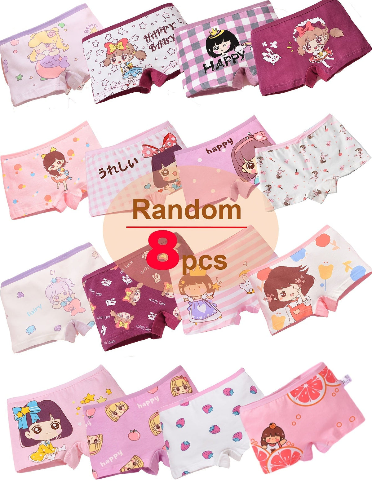 Girls' Cartoon Boxer Briefs 8-Pack in Random Colors with Short Legs for Everyday Underwear Changes