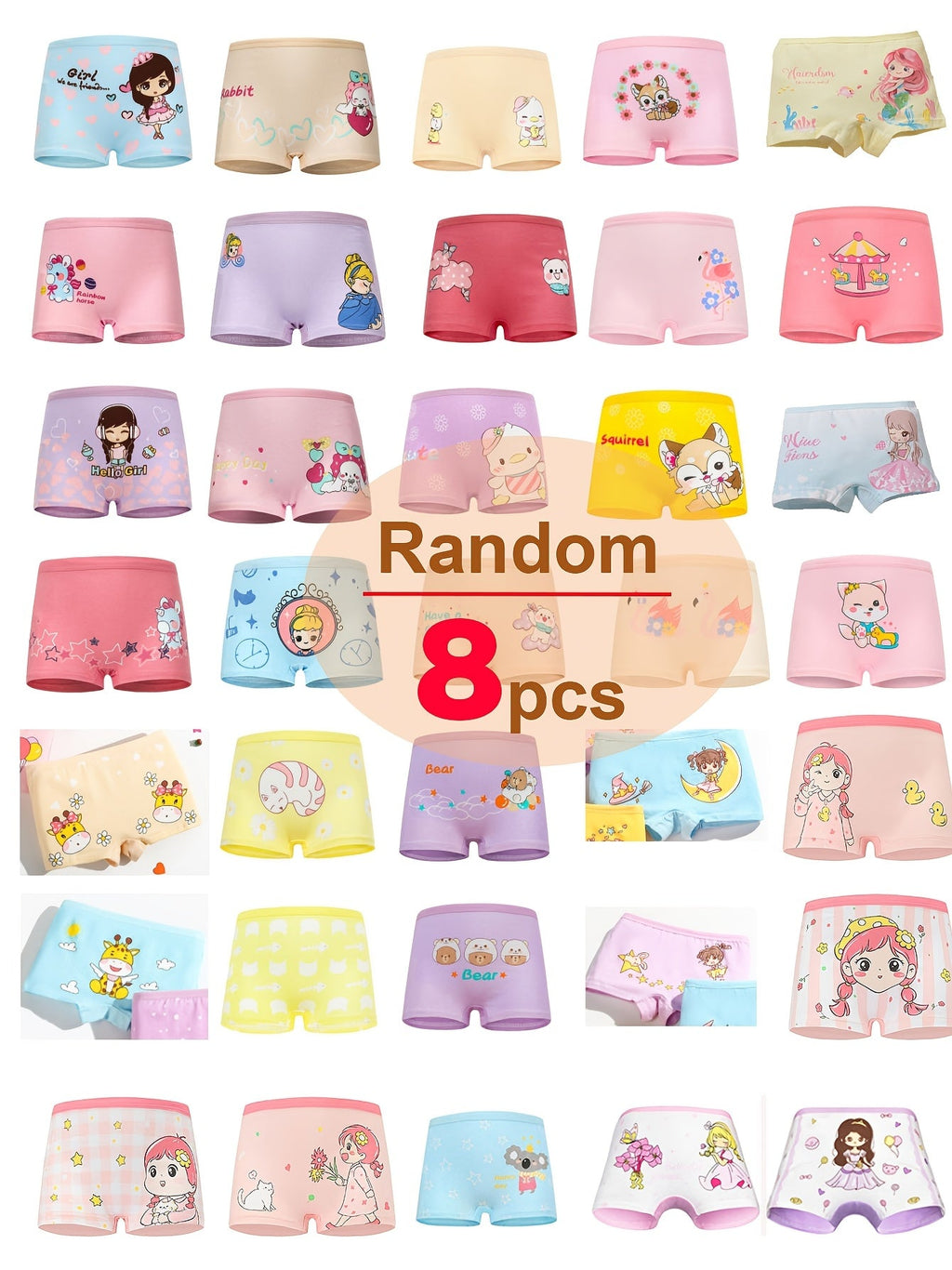 Girls' Cartoon Boxer Briefs 8-Pack in Random Colors with Short Legs for Everyday Underwear Changes
