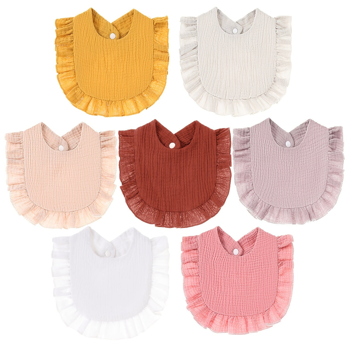 Baby Ruffled Muslin Bibs 7-Pack with Snap Closures and Coordinating Colors for Everyday Feeding and Drool Care