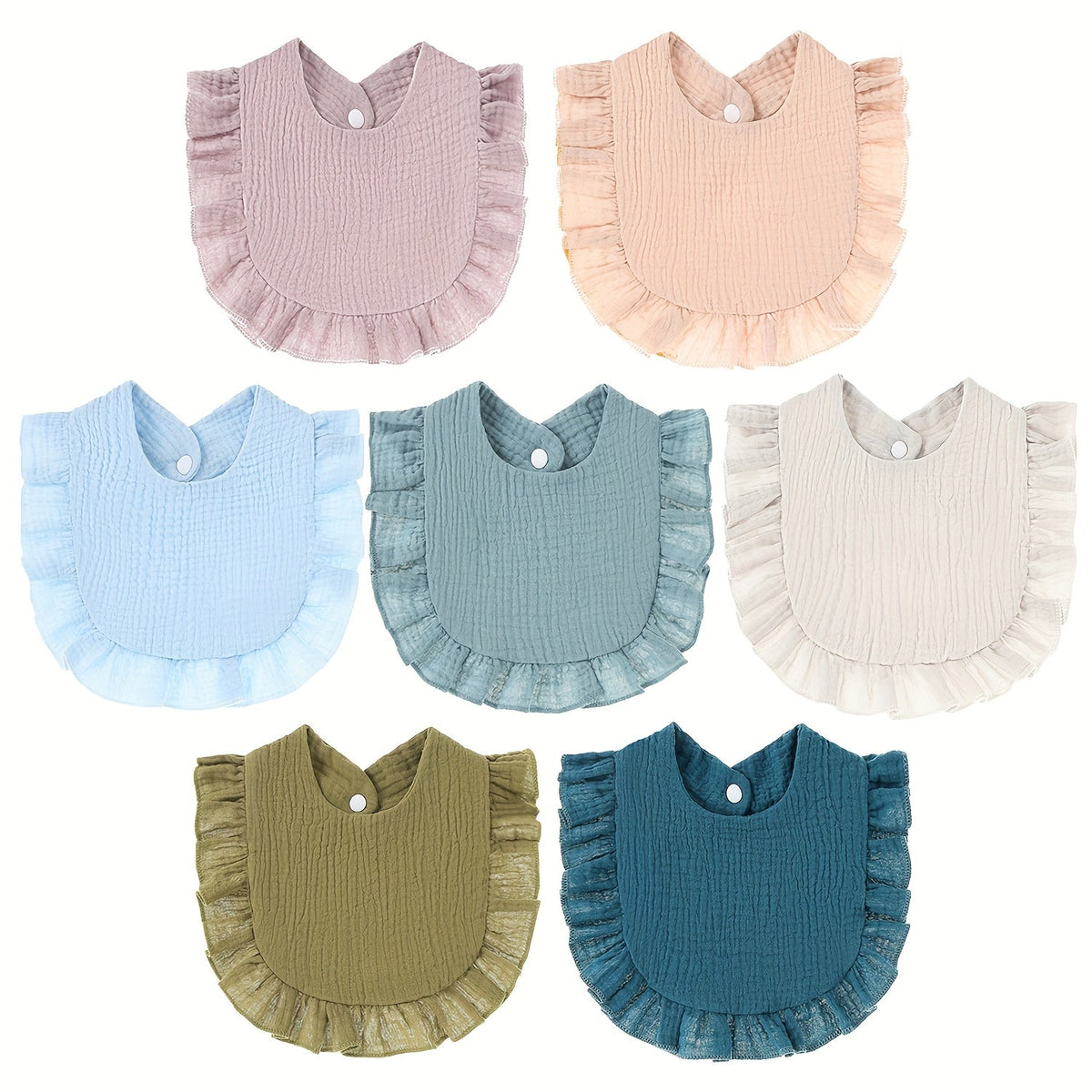 Baby Ruffled Muslin Bibs 7-Pack with Snap Closures and Coordinating Colors for Everyday Feeding and Drool Care