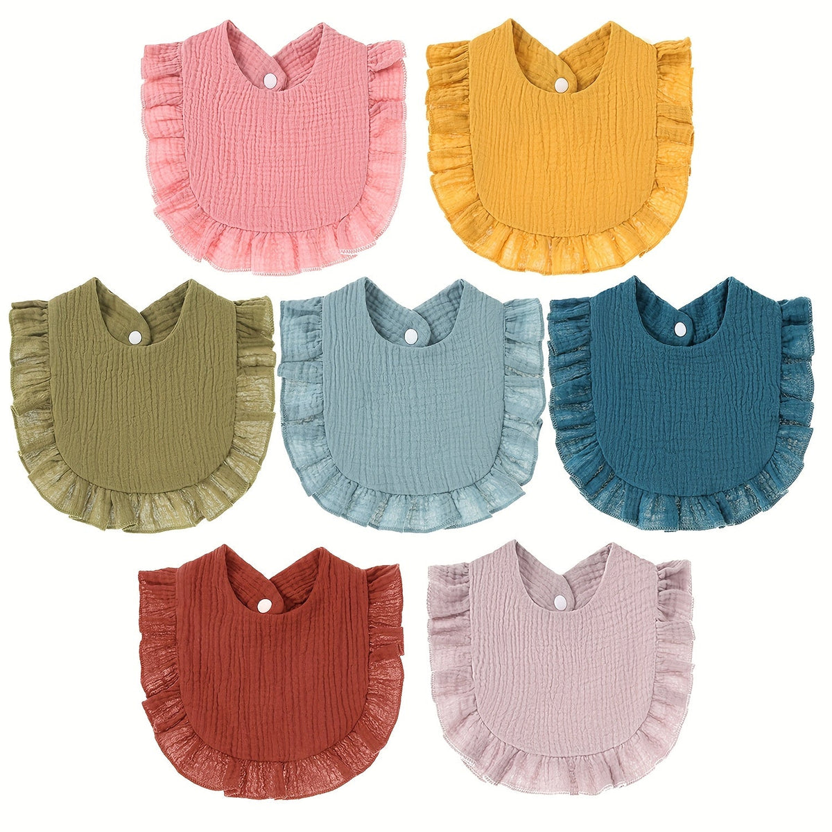 Baby Ruffled Muslin Bibs 7-Pack with Snap Closures and Coordinating Colors for Everyday Feeding and Drool Care