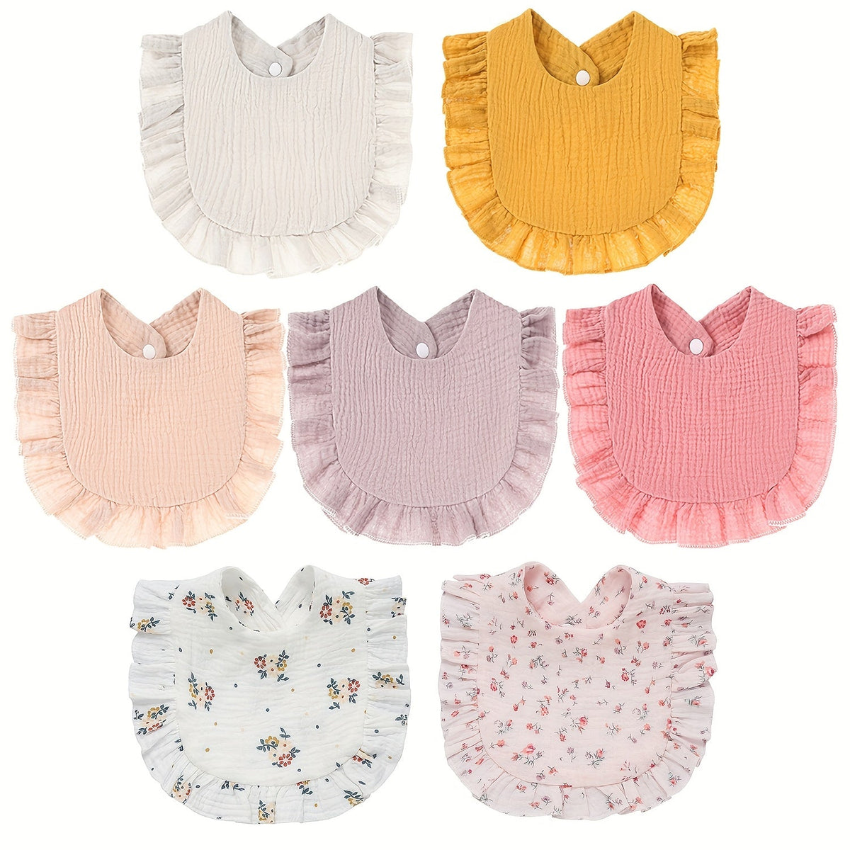 Baby Ruffled Muslin Bibs 7-Pack with Snap Closures and Coordinating Colors for Everyday Feeding and Drool Care