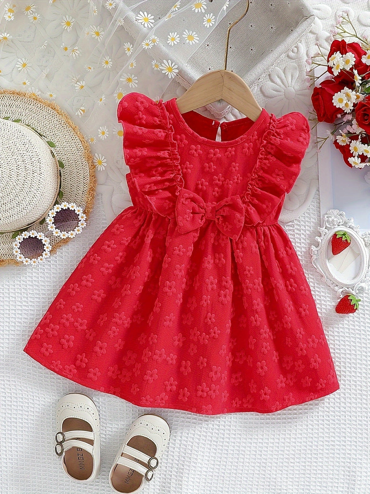 Baby Girls' Floral Texture Dress with Ruffled Shoulders and a Front Bow for Summer Family Occasions