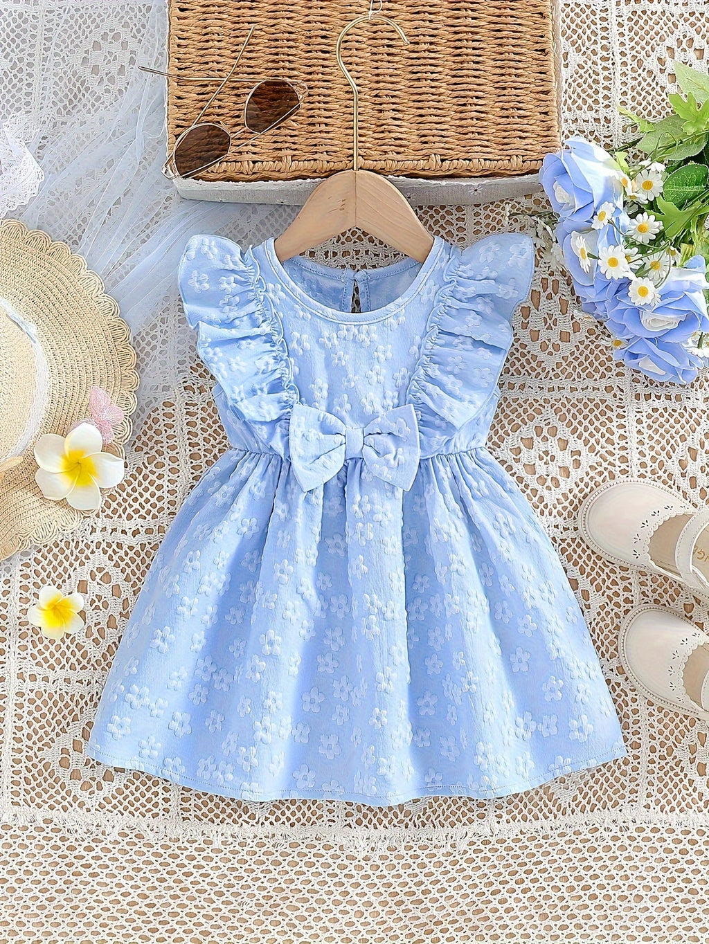 Baby Girls' Floral Texture Dress with Ruffled Shoulders and a Front Bow for Summer Family Occasions