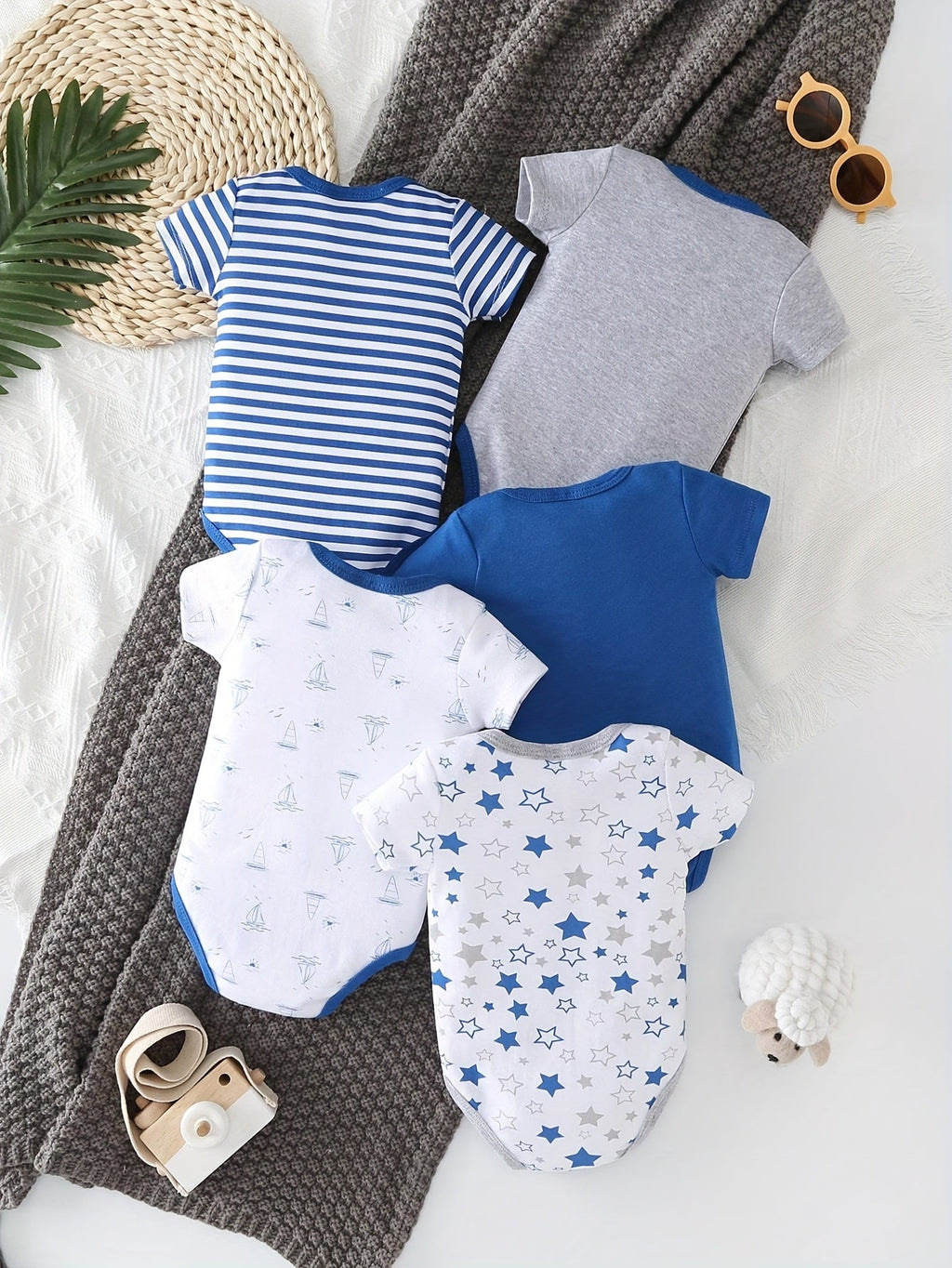 Baby Boy Nautical Bodysuits Five Pack with Anchor Prints and Blue Stripes for Everyday Outfit Changes