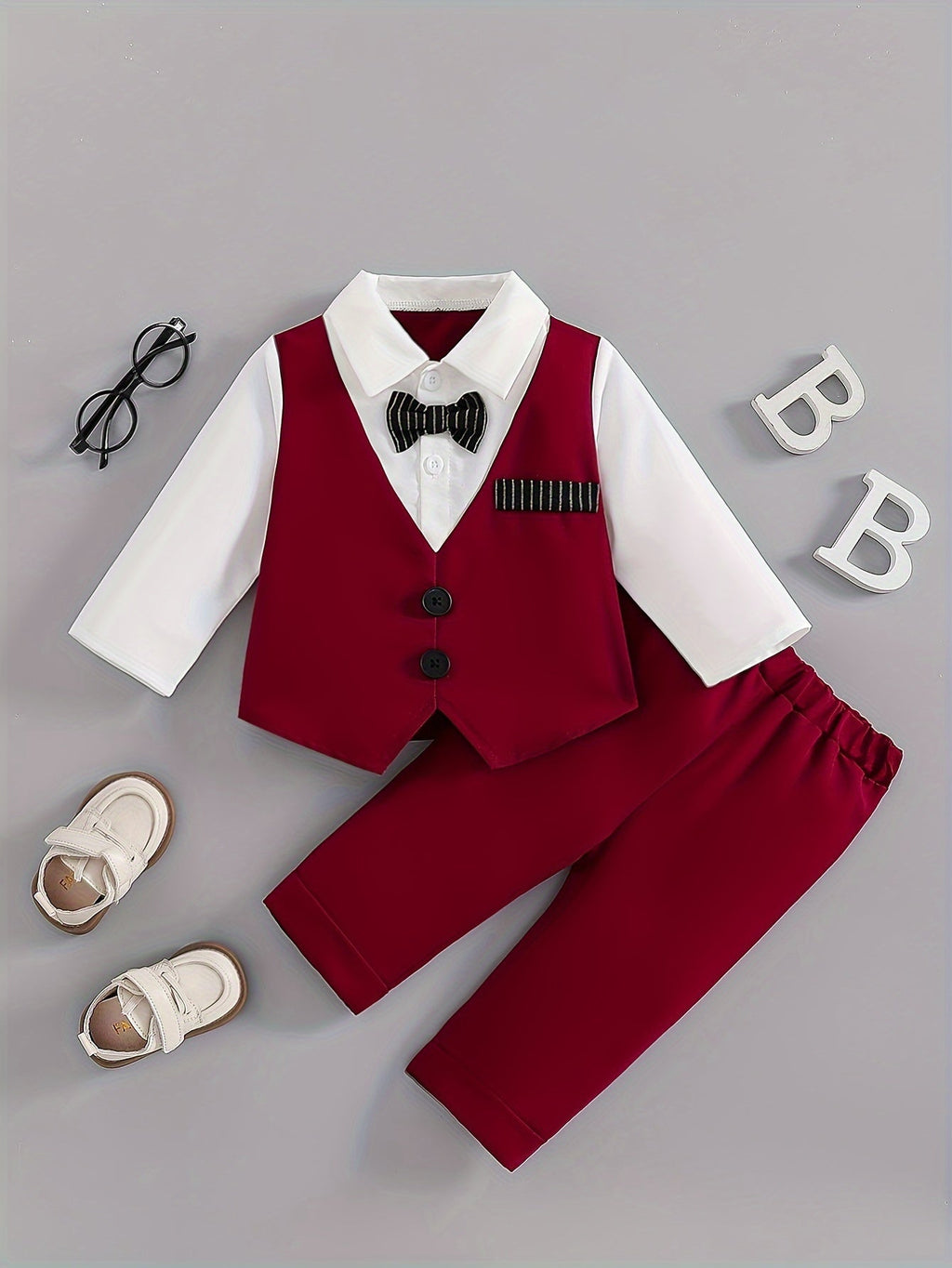 Baby Boy Mock Vest Shirt and Pants Outfit with a Bow Tie Detail and Long Sleeves for Birthday Parties