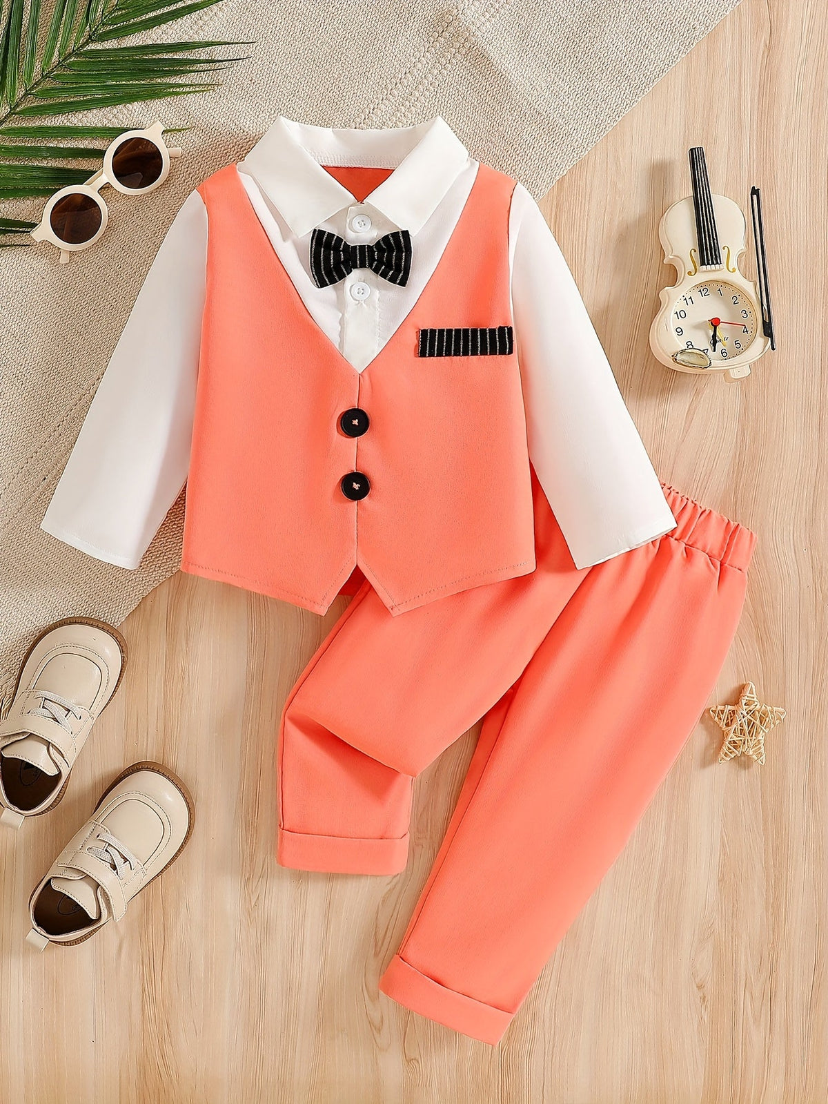Baby Boy Mock Vest Shirt and Pants Outfit with a Bow Tie Detail and Long Sleeves for Birthday Parties