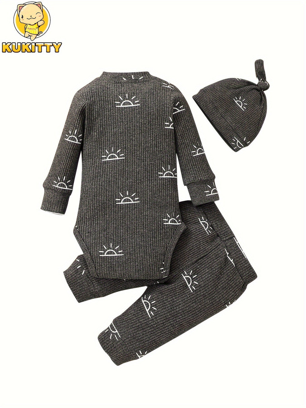 Baby Boys' Sun Print Three Piece Outfit Set Featuring a Ribbed Long Sleeve Bodysuit, Pants and Knotted Hat