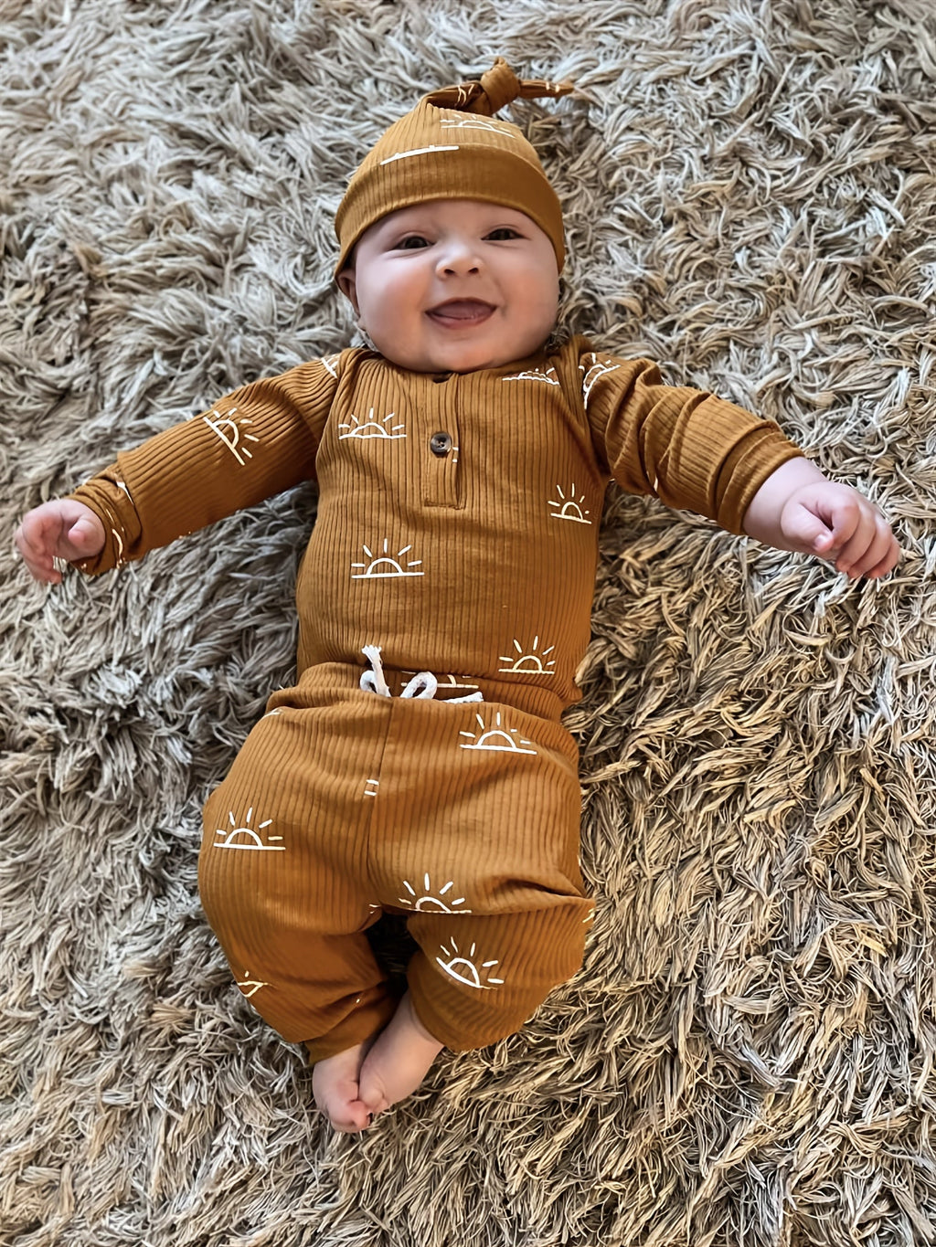 Baby Boys' Sun Print Three Piece Outfit Set Featuring a Ribbed Long Sleeve Bodysuit, Pants and Knotted Hat