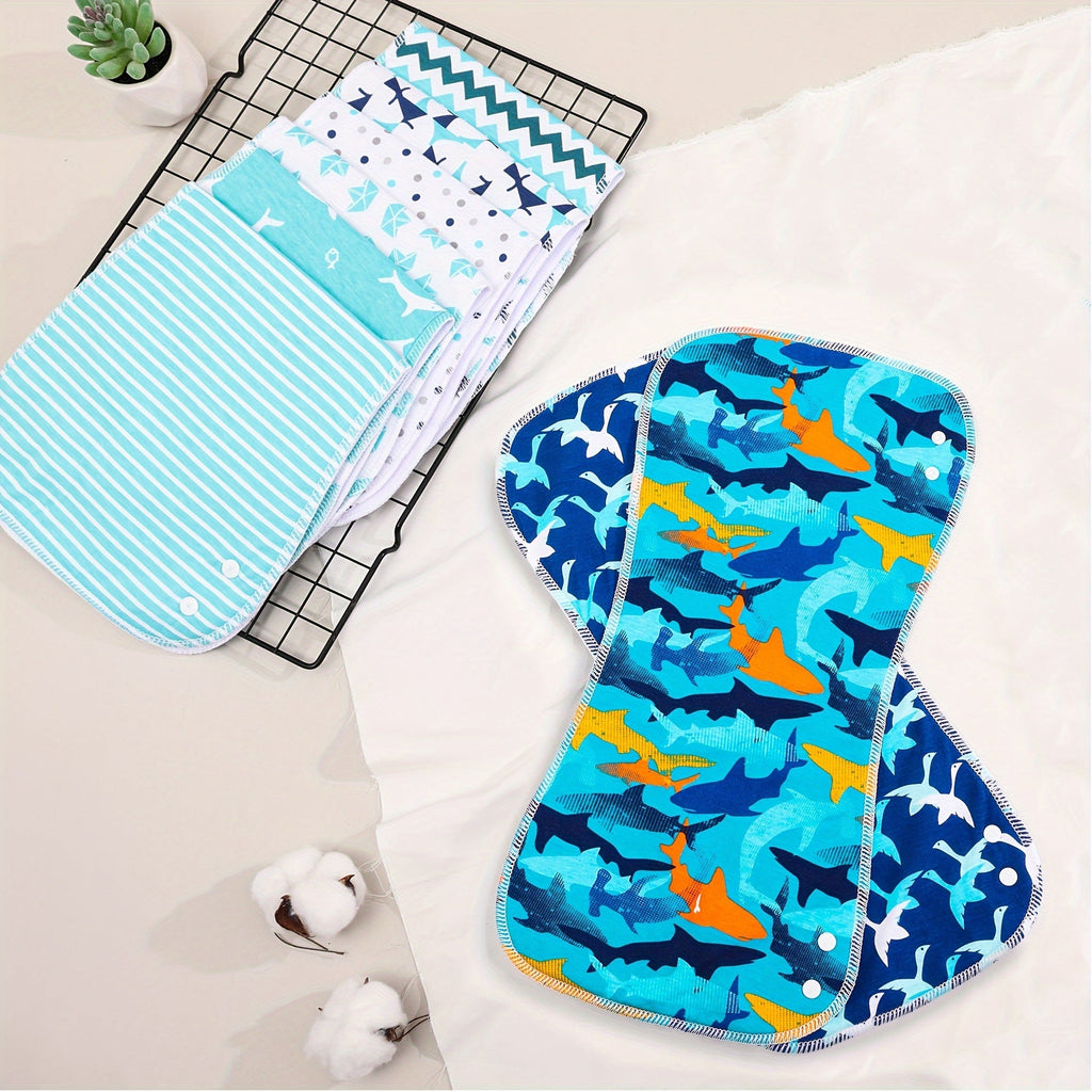 Baby Shark Burp Cloths 6-Pack with Contoured Edges and Blue Printed Designs for Everyday Feeding and Burping
