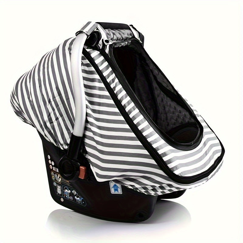 Grey Striped Baby Car Seat Cover with a Roll-Up Front Panel and Mesh Window for Infant Carrier Outings