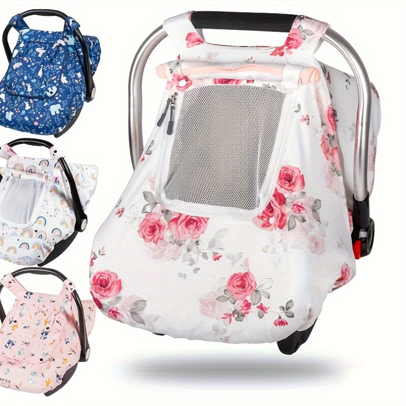 Baby Car Seat Cover with a Mesh Viewing Window and Roll-Up Front Panel in Floral and Animal Prints
