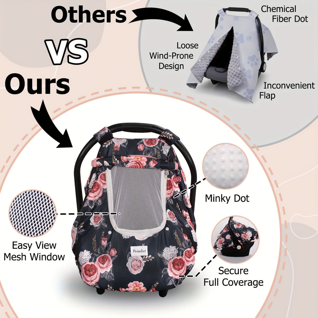 Baby Car Seat Cover with a Mesh Viewing Window and Roll-Up Front Panel in Floral and Animal Prints