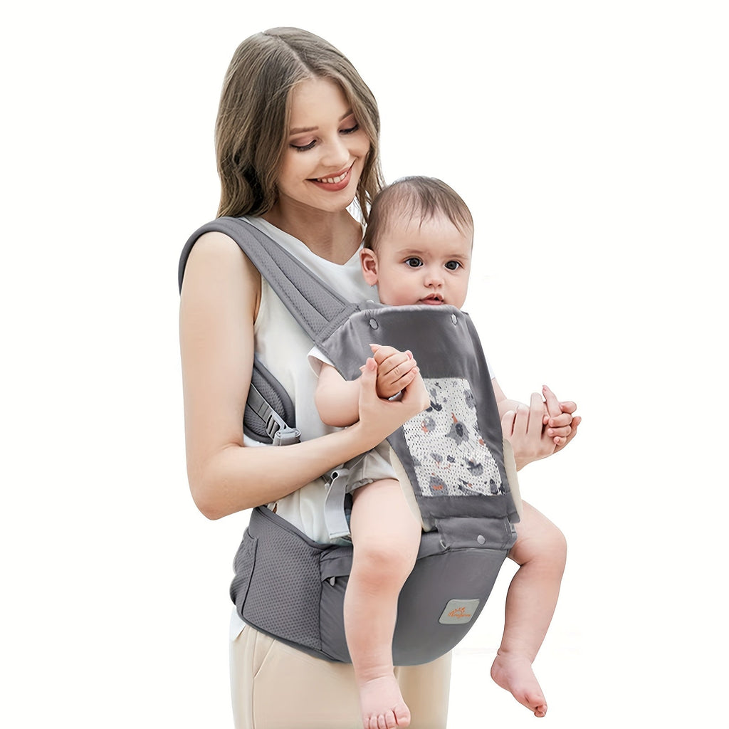 Baby Hip Carrier with a Hood and Breathable Front Panel in Gray for Adjustable Close Carrying