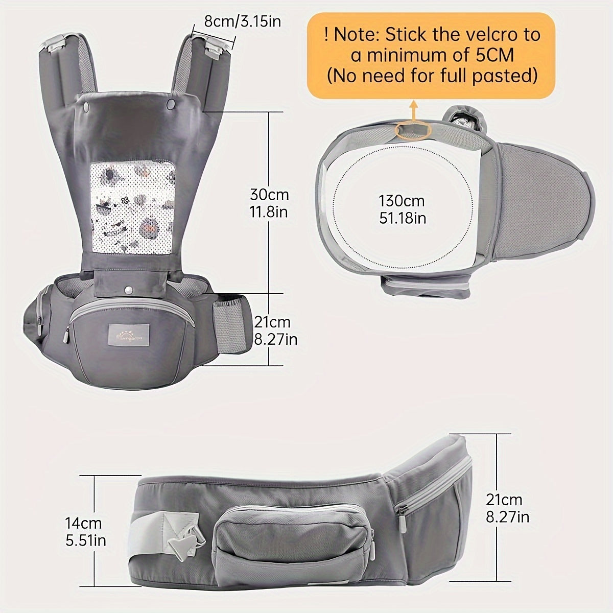 Baby Hip Carrier with a Hood and Breathable Front Panel in Gray for Adjustable Close Carrying