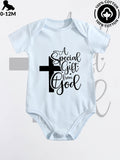 Baby A Special Gift from God Cotton Bodysuit in Blue with Short Sleeves and Snaps for Daily Changes