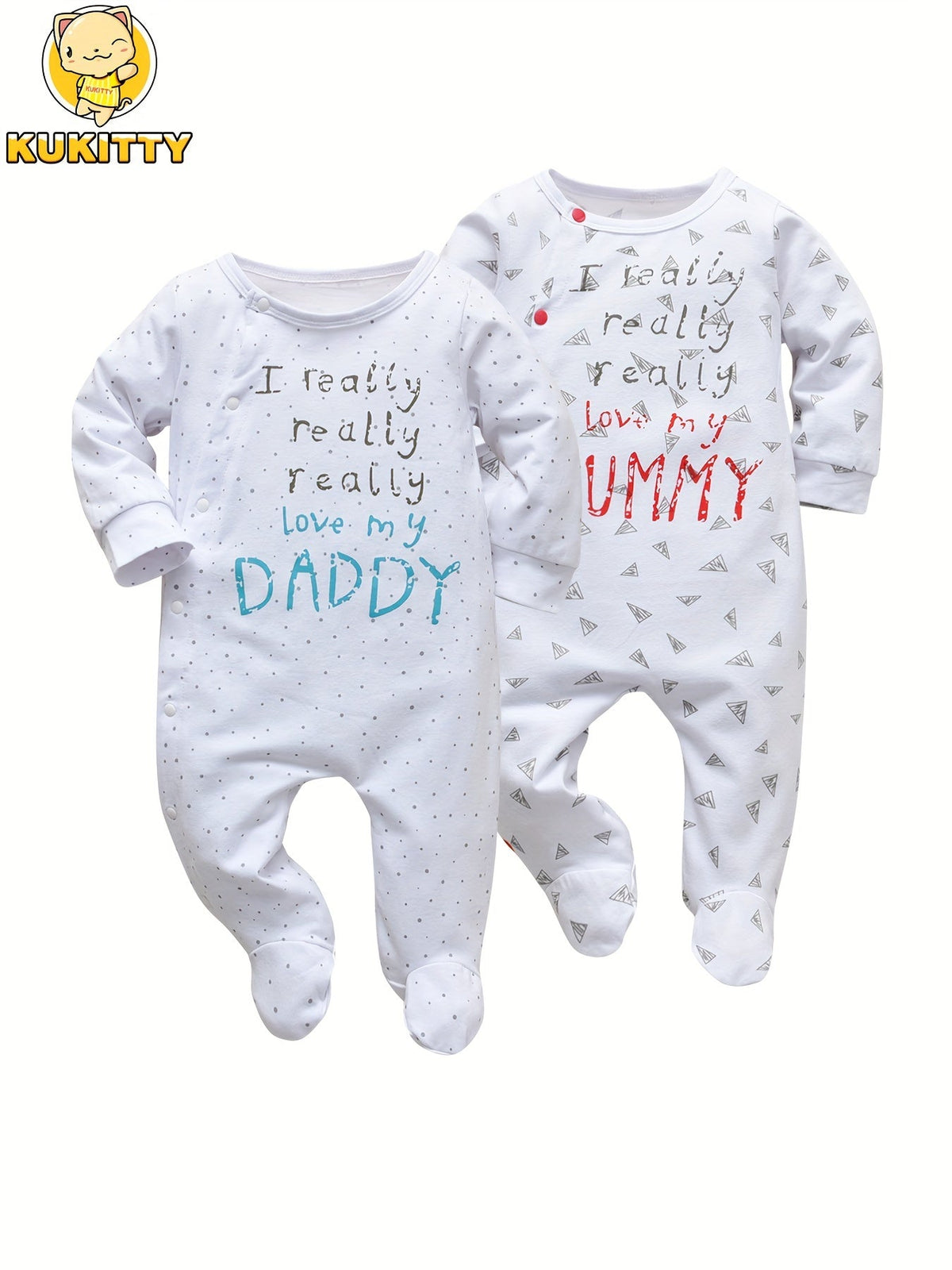 Baby Daddy and Mummy Footed Rompers 2-Pack with Long Sleeves and Family Slogan Prints for Everyday Outfits
