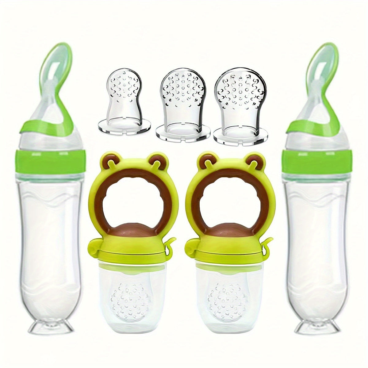 Baby Food Feeder Set of Seven Pieces with Squeeze Spoon Bottles and Handled Feeders for Supervised Feeding