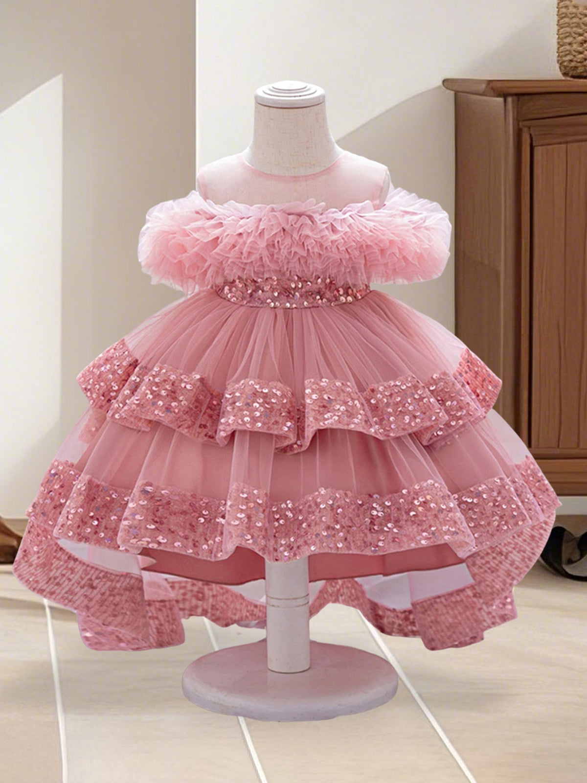 Baby Girls' Pink Tulle Party Dress with Sequin-Trimmed Tiers and a Back Bow for Birthday Celebrations