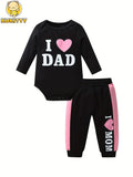 Baby Girl Bodysuit and Pants Set, I Love Mom and Dad Prints with Pink Side Stripes for Everyday Dressing