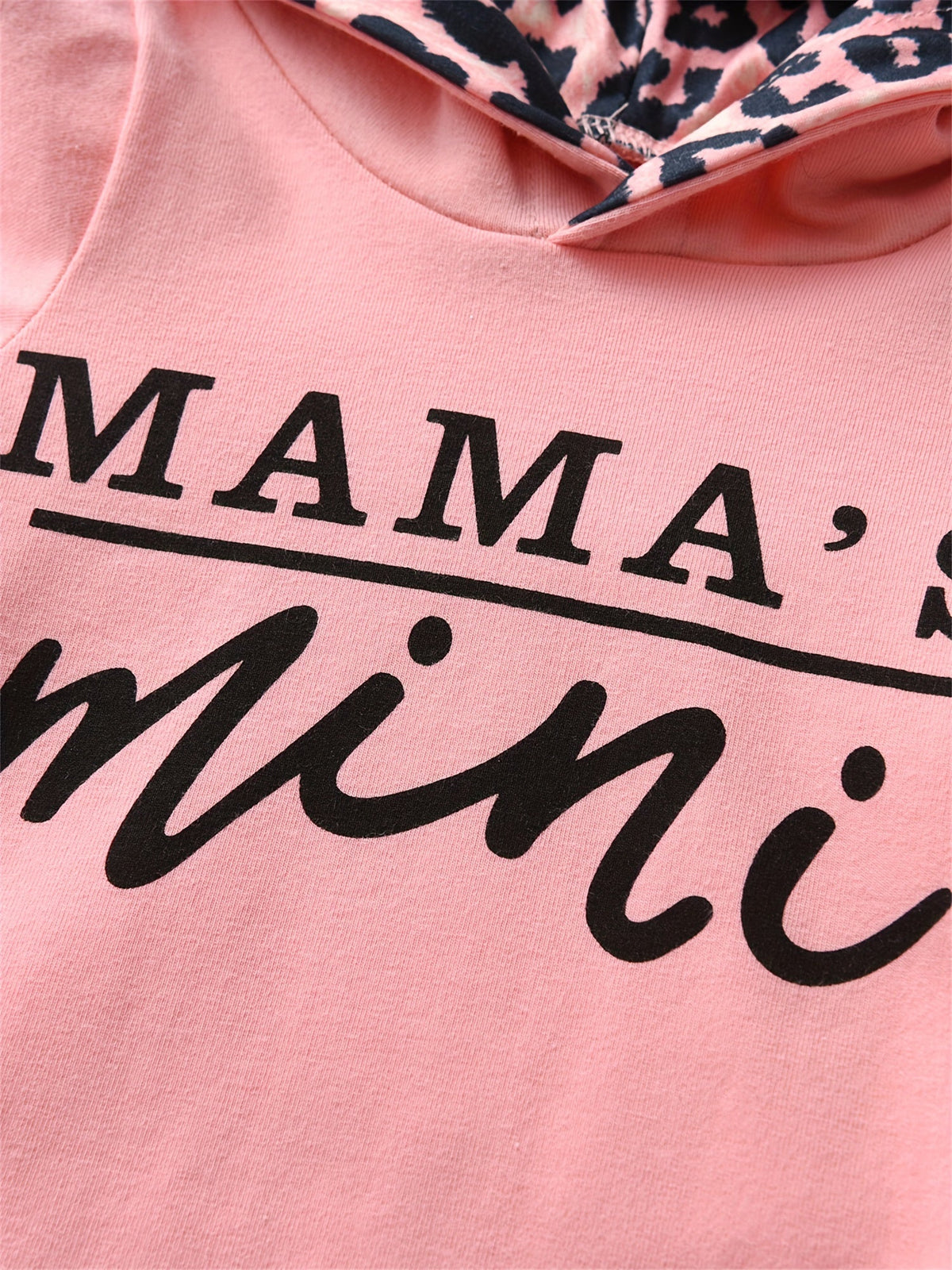 Baby Girls' Hooded Bodysuit Set with Mama's Mini Lettering and Leopard Trim Pants in Pink or Black