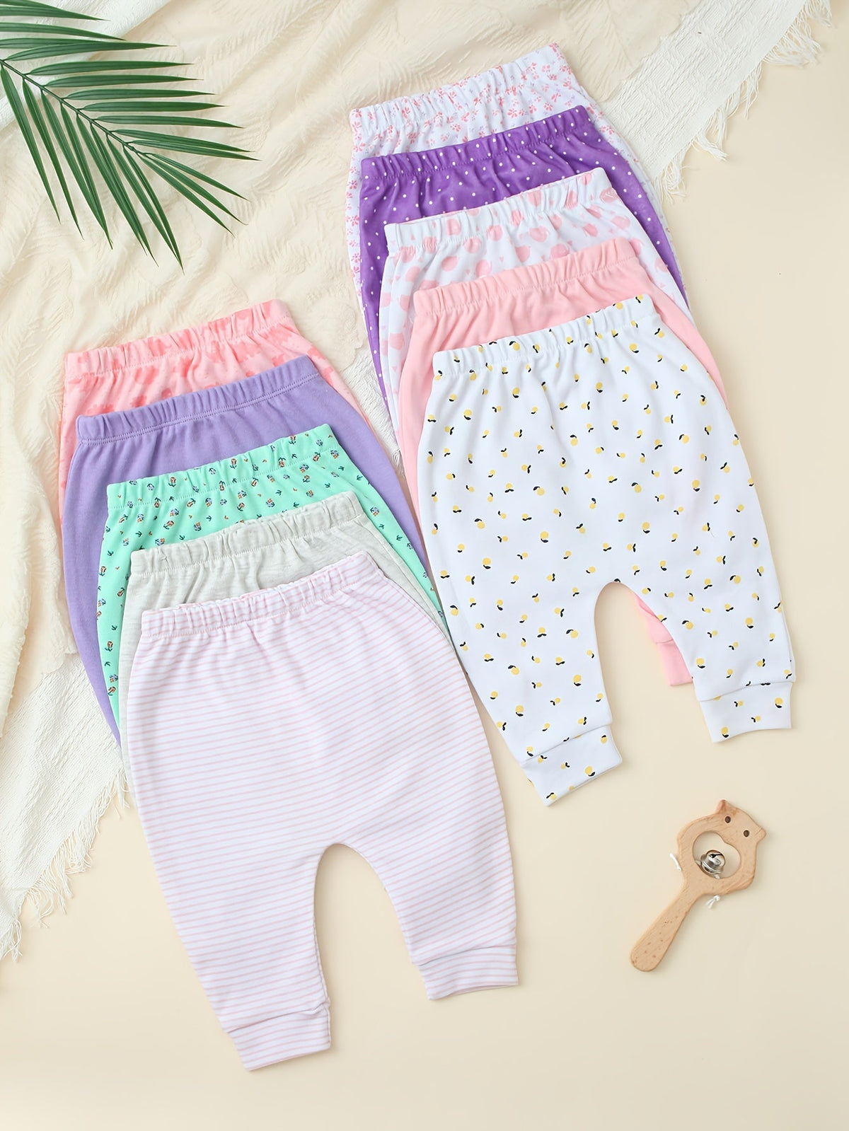 Baby Girl Pants Ten Pack in Pastel Colors with Animal Prints and Cuffed Ankles for Everyday Outfit Changes