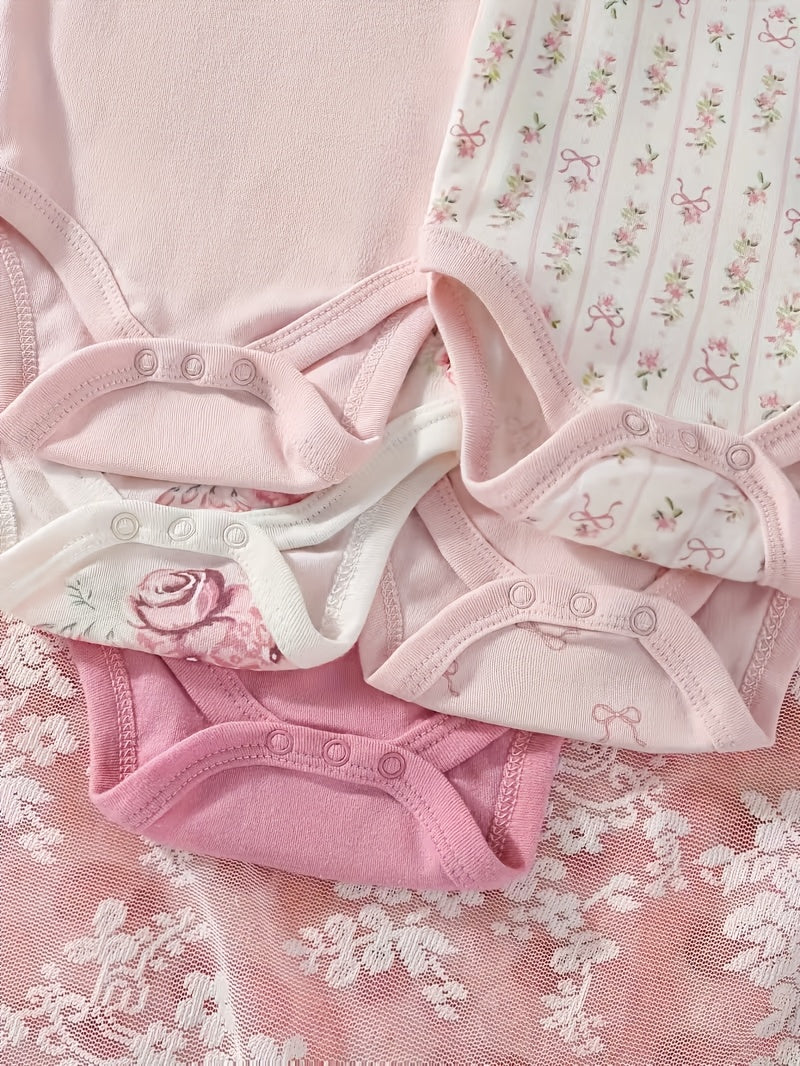 Baby Girl Bodysuits Five Pack in Random Pastel and Printed Designs with Short Sleeves for Everyday Changes