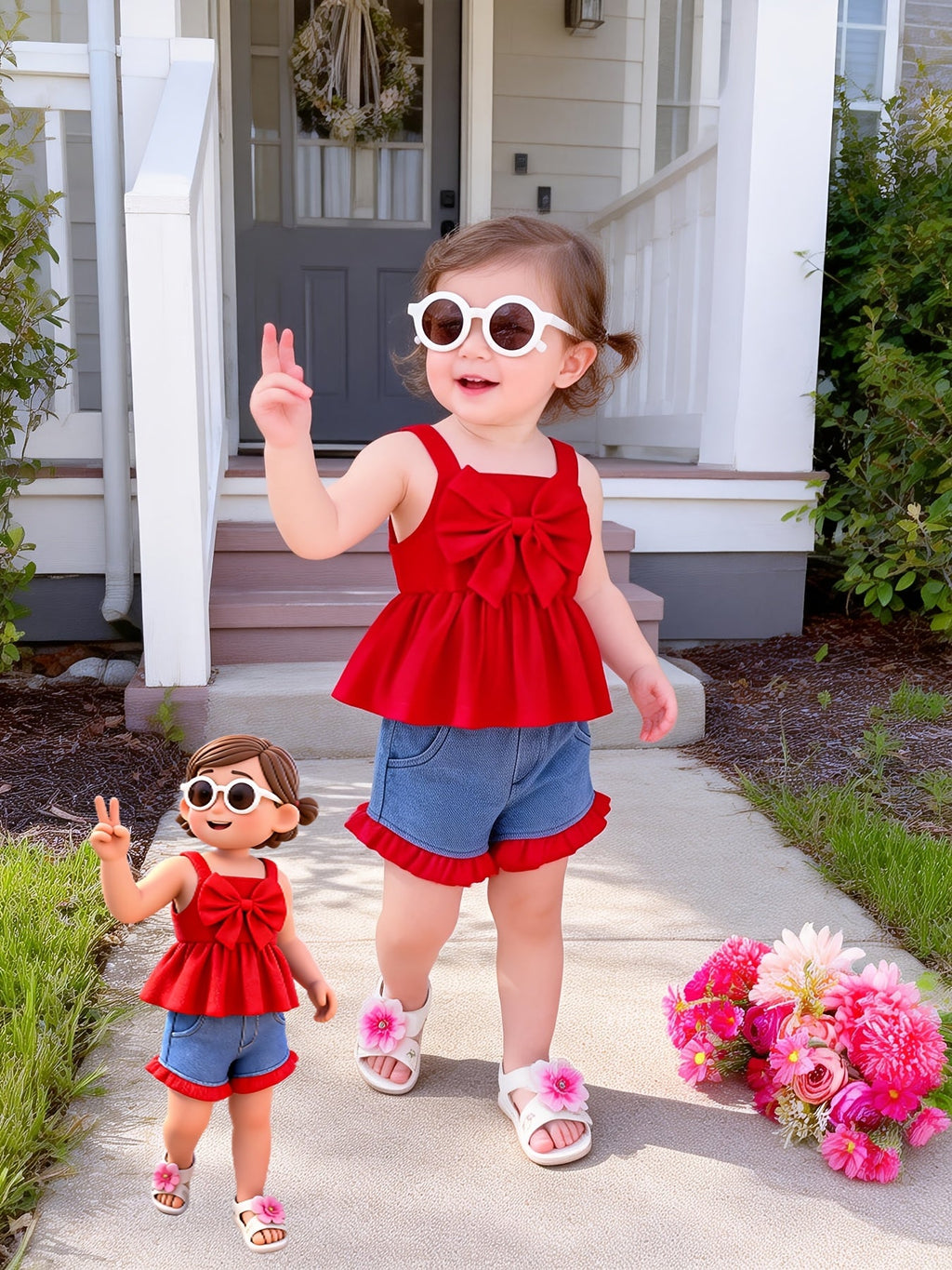 Baby Girls' Red Bow Cami Top and Denim Shorts Set with Ruffle Trim for Summer Outfits and Outdoor Play