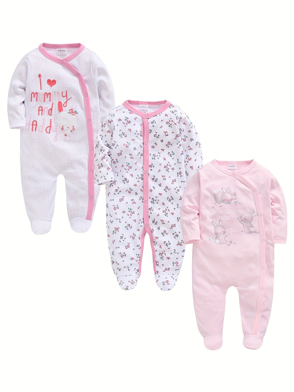 Baby Girls' Footed Rompers 3-Pack in Pink and White with Long Sleeves and Snap Fronts for Everyday Dressing