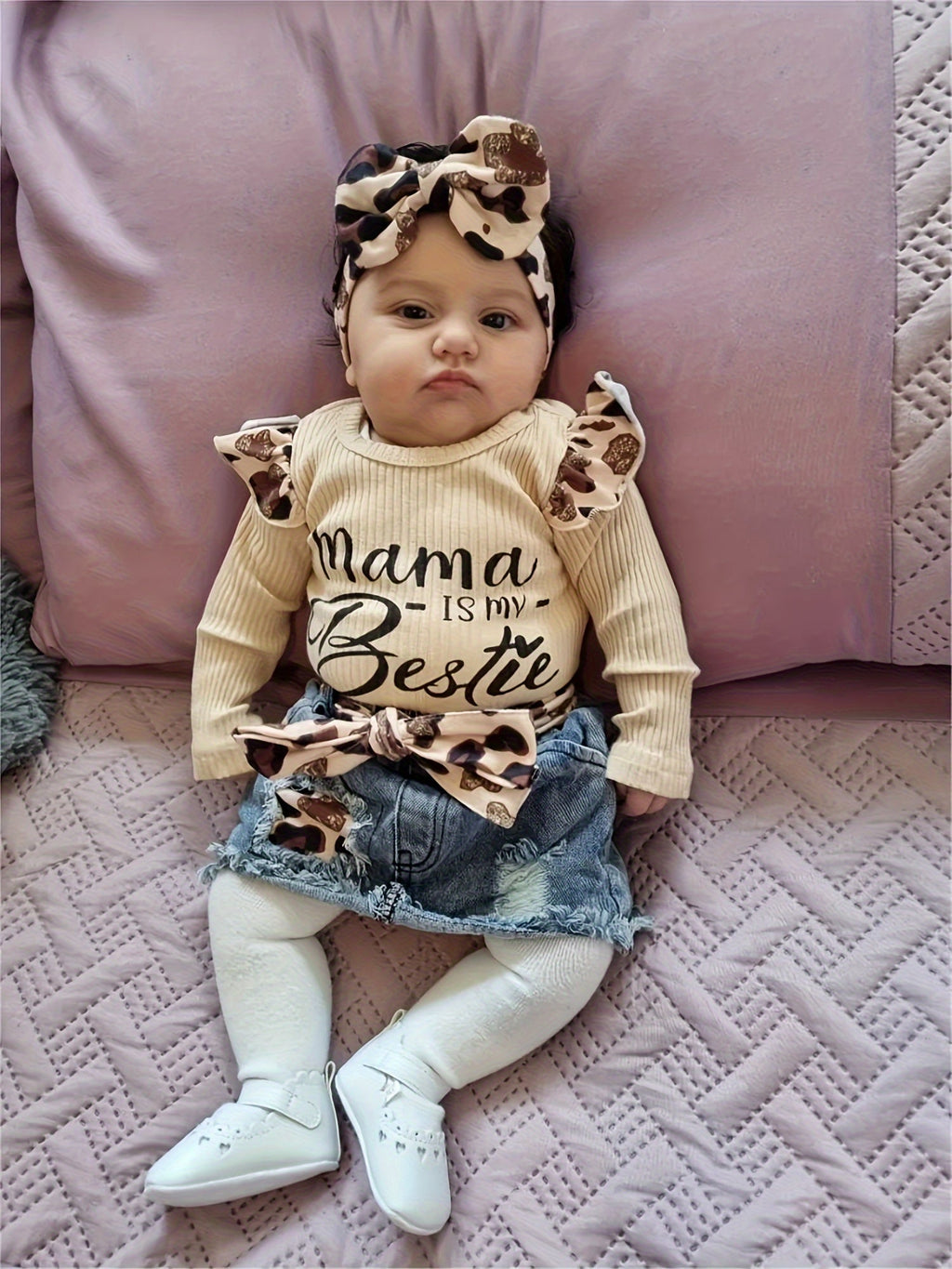 Baby Girls' Mama Is My Bestie Bodysuit and Denim Skirt Set with Leopard Accents for Coordinated Outfits