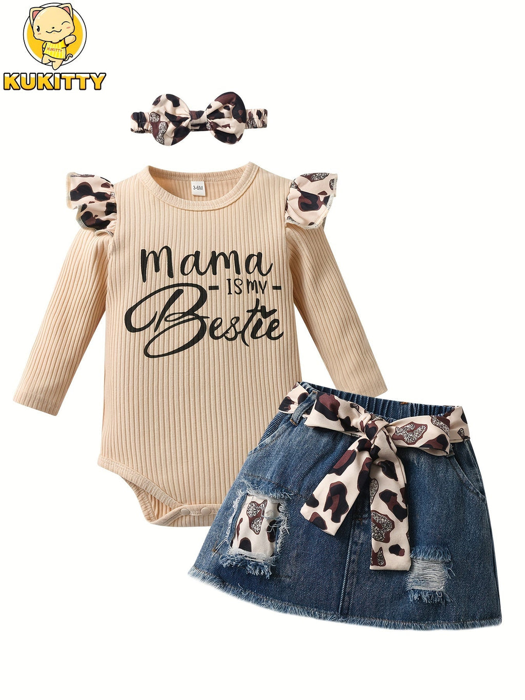 Baby Girls' Mama Is My Bestie Bodysuit and Denim Skirt Set with Leopard Accents for Coordinated Outfits