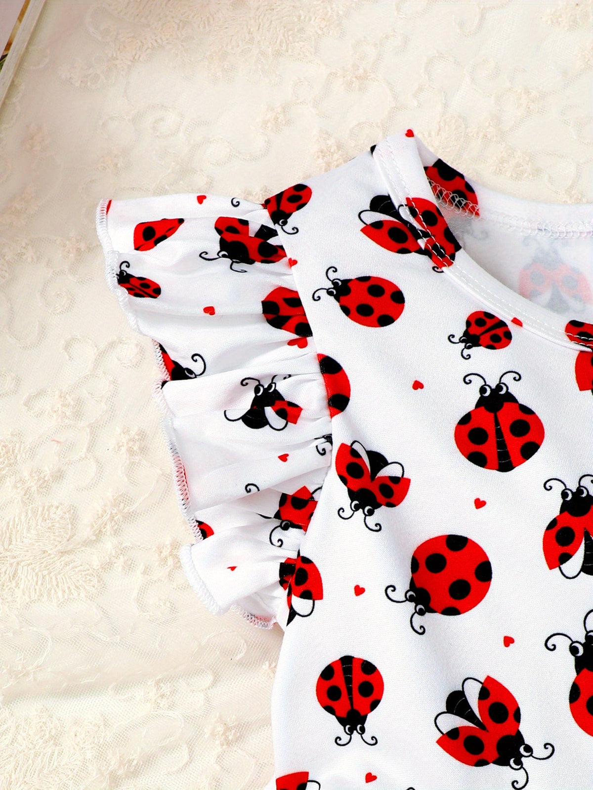 Baby Girl Ladybug Outfit Set with a Ruffle Sleeve Top and Blue Denim Look Shorts for Summer Casual Wear
