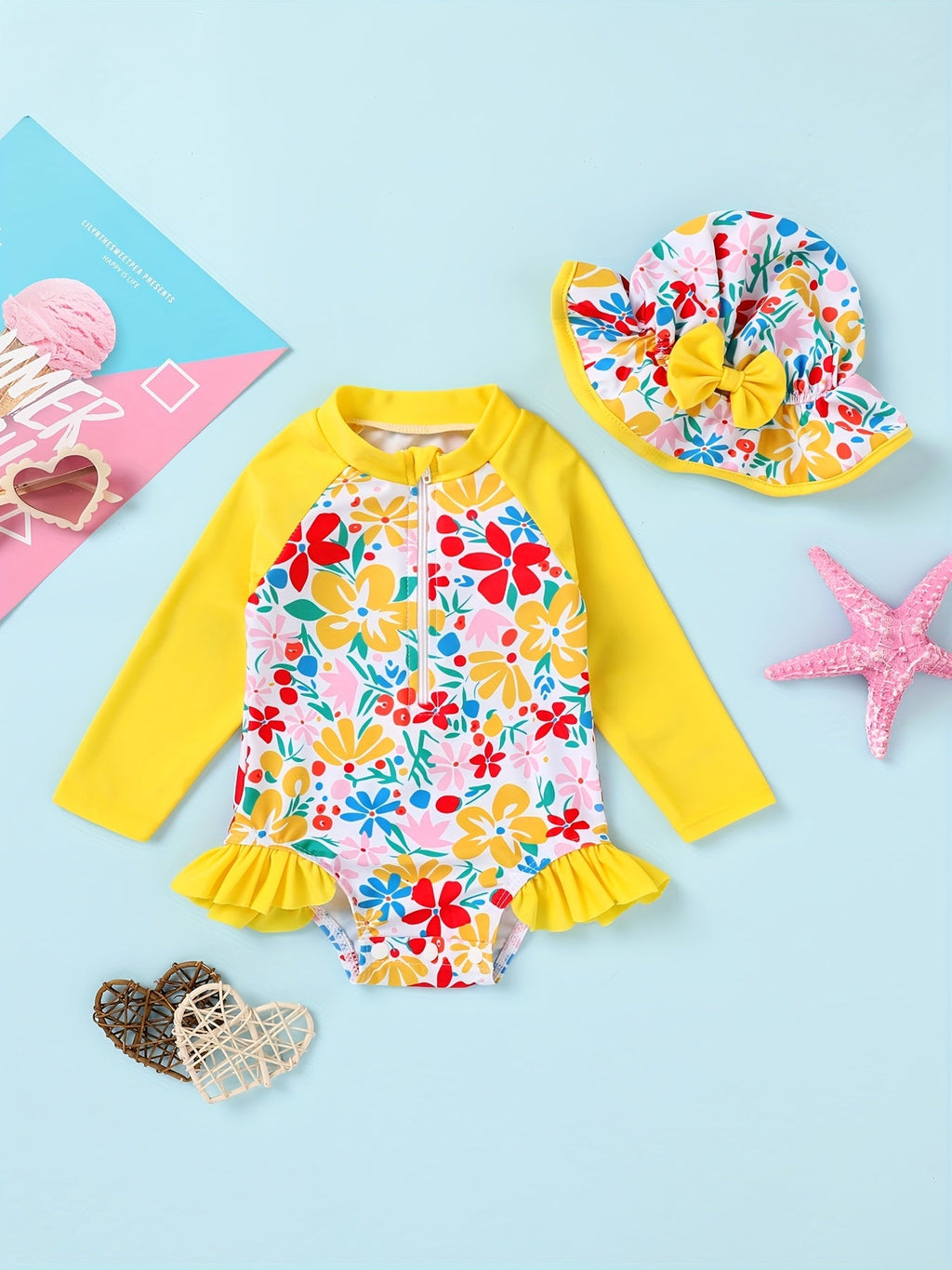 Baby Girls' Long Sleeve Swimsuit and Hat Set with a Front Zipper and Ruffle Trim for Poolside Outfits