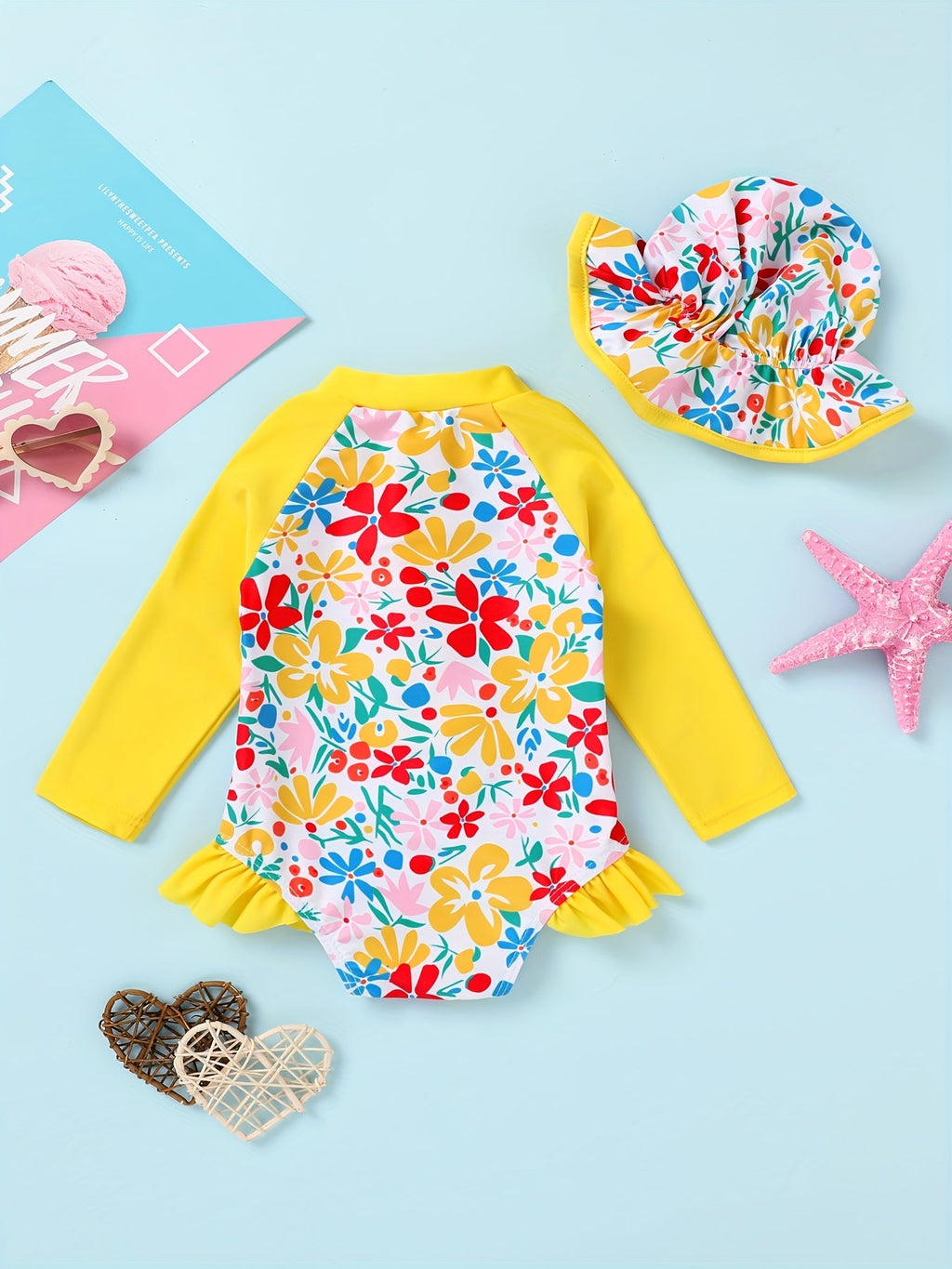 Baby Girls' Long Sleeve Swimsuit and Hat Set with a Front Zipper and Ruffle Trim for Poolside Outfits