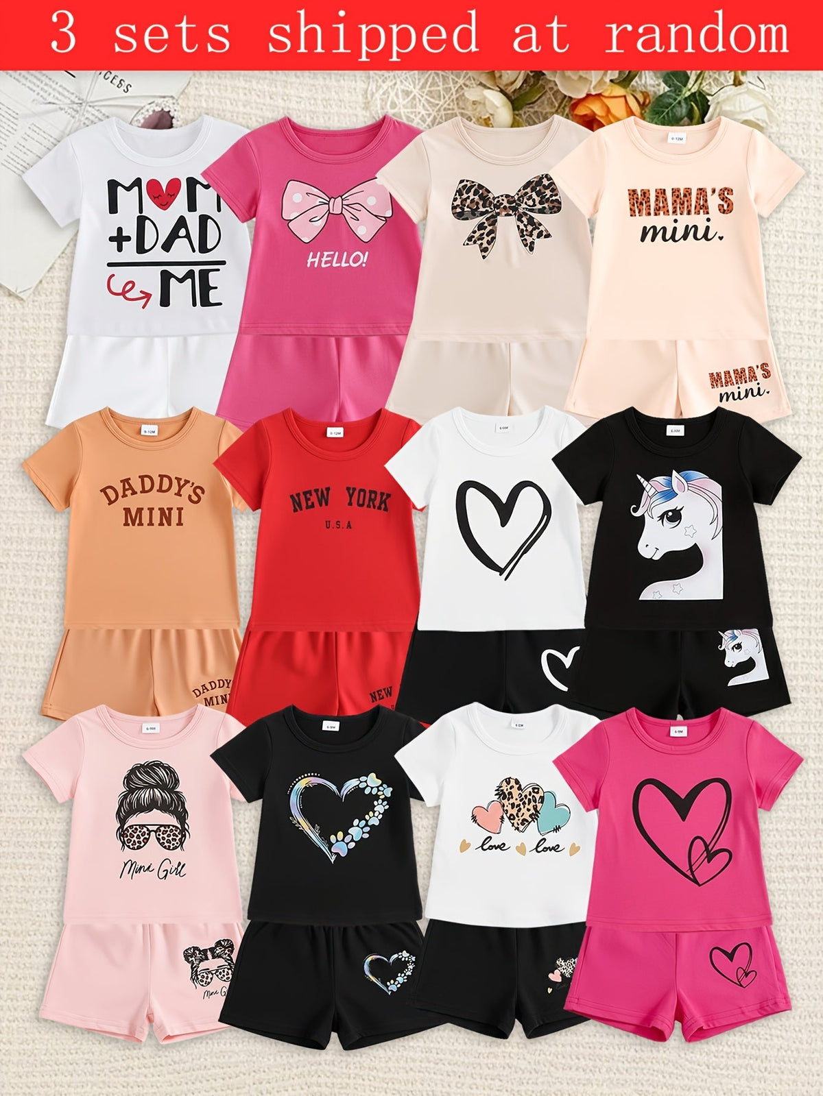 Baby Girls' T-Shirt and Shorts Sets in Three Random Cartoon Packs for Everyday Summer Playtime