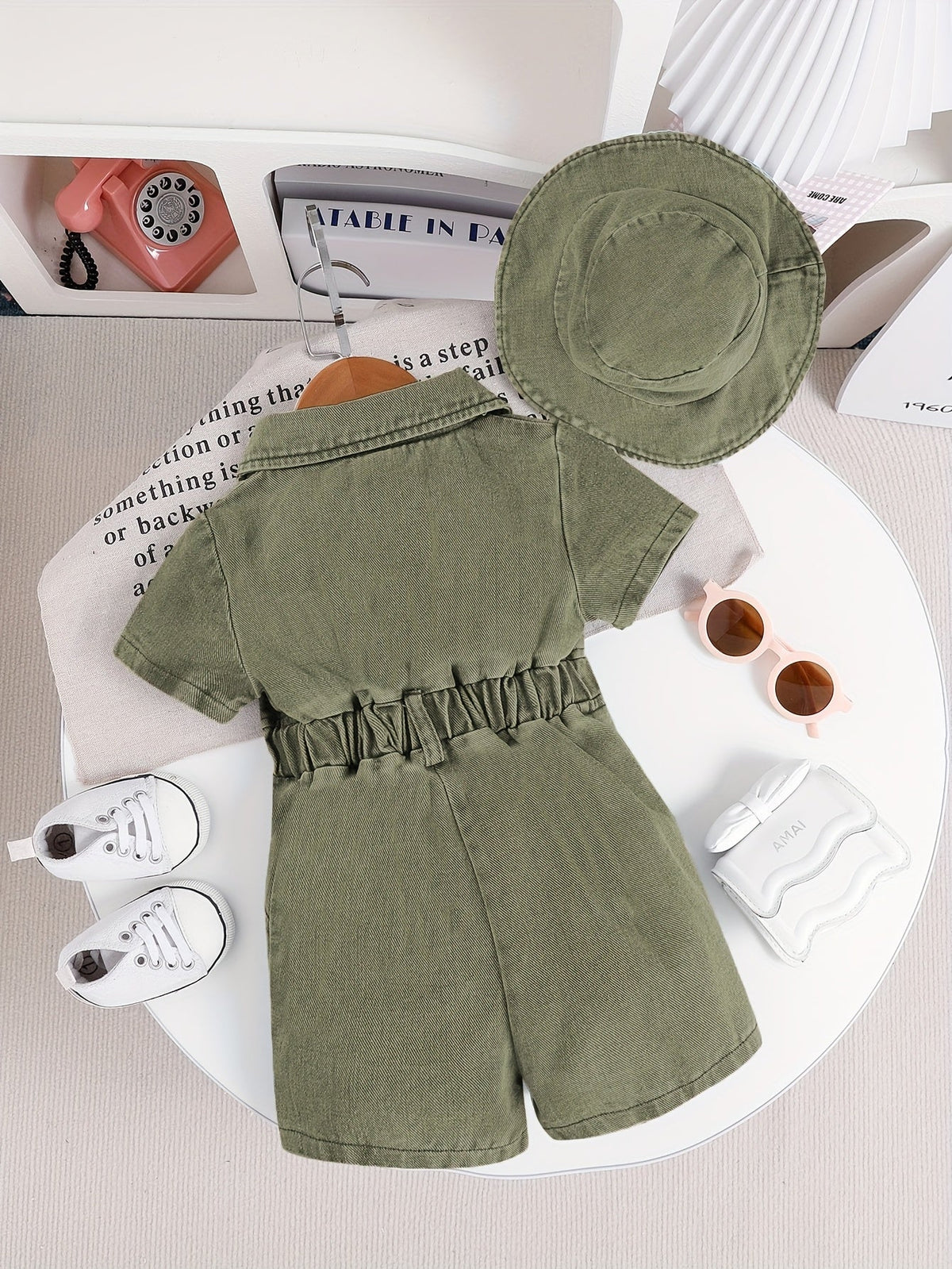 Baby Girls' Short Sleeve Denim Style Romper Set with a Matching Bucket Hat for Summer Outfits