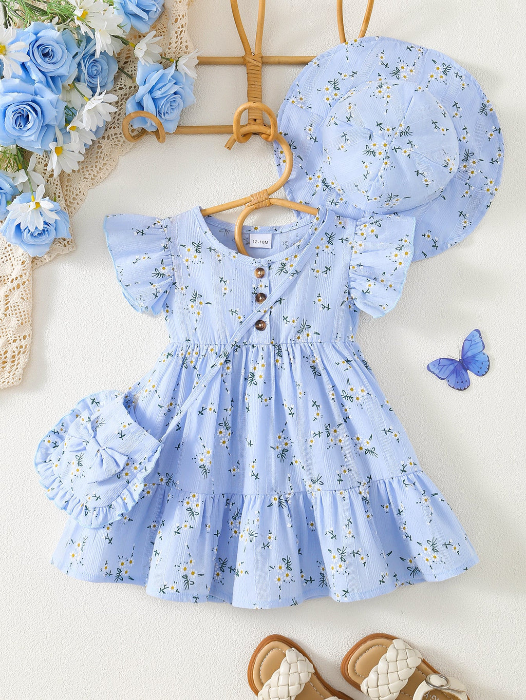 Girls' Floral Dress Set with a Matching Sun Hat and Small Bag for Coordinated Warm Weather Outfits