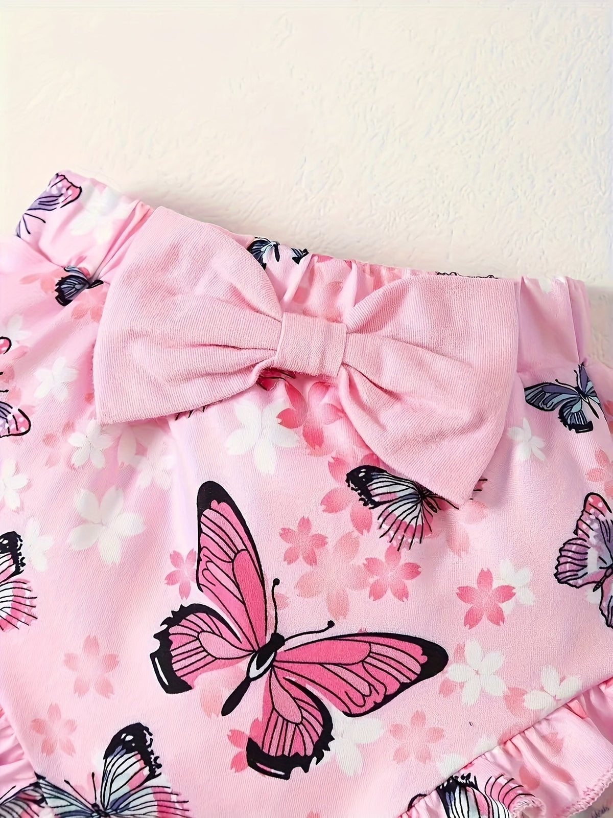 Baby Girls' Butterfly Outfit Set with a Ruffle Sleeve Bodysuit and Matching Shorts Plus a Bow Headband