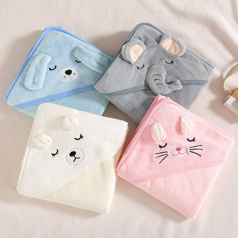 Baby Hooded Towels in a Four-Piece Animal Set with Soft Coral Fleece and Generous 80 cm Square Wraps