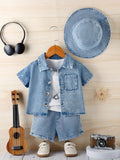 Baby Denim Outfit in a 3-Piece Shirt Shorts and Bucket Hat Set with a Washed Blue Finish for Casual Days