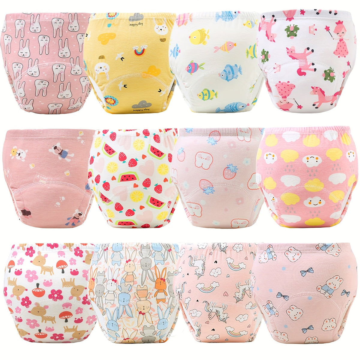 Baby Potty Training Pants 12-Pack in Random Pink or Blue Prints with Elastic Waists for Daily Use