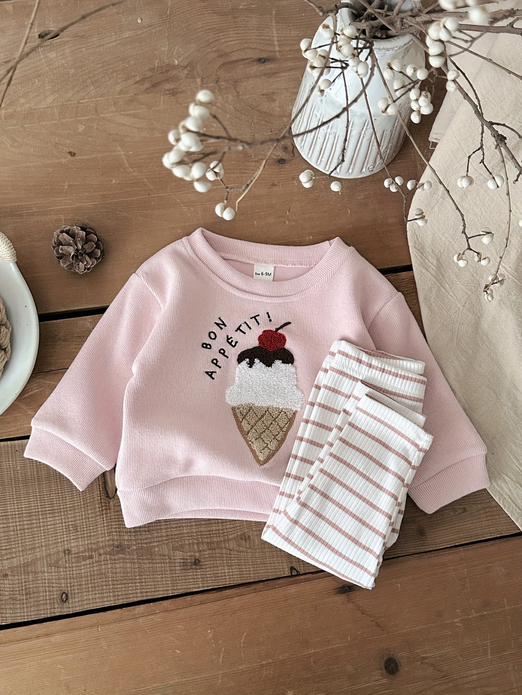 Baby Pink Outfit Set with an Ice Cream Patch Sweatshirt and Striped Pants for Spring and Autumn Wear