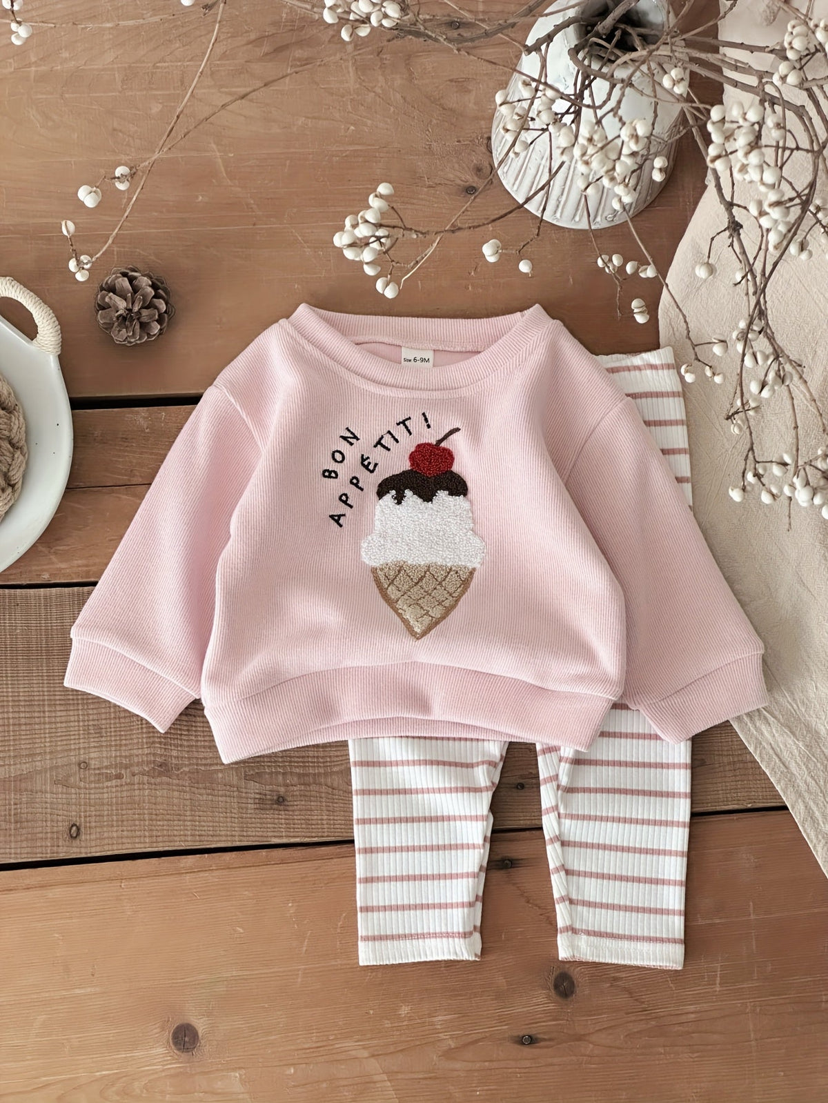 Baby Pink Outfit Set with an Ice Cream Patch Sweatshirt and Striped Pants for Spring and Autumn Wear