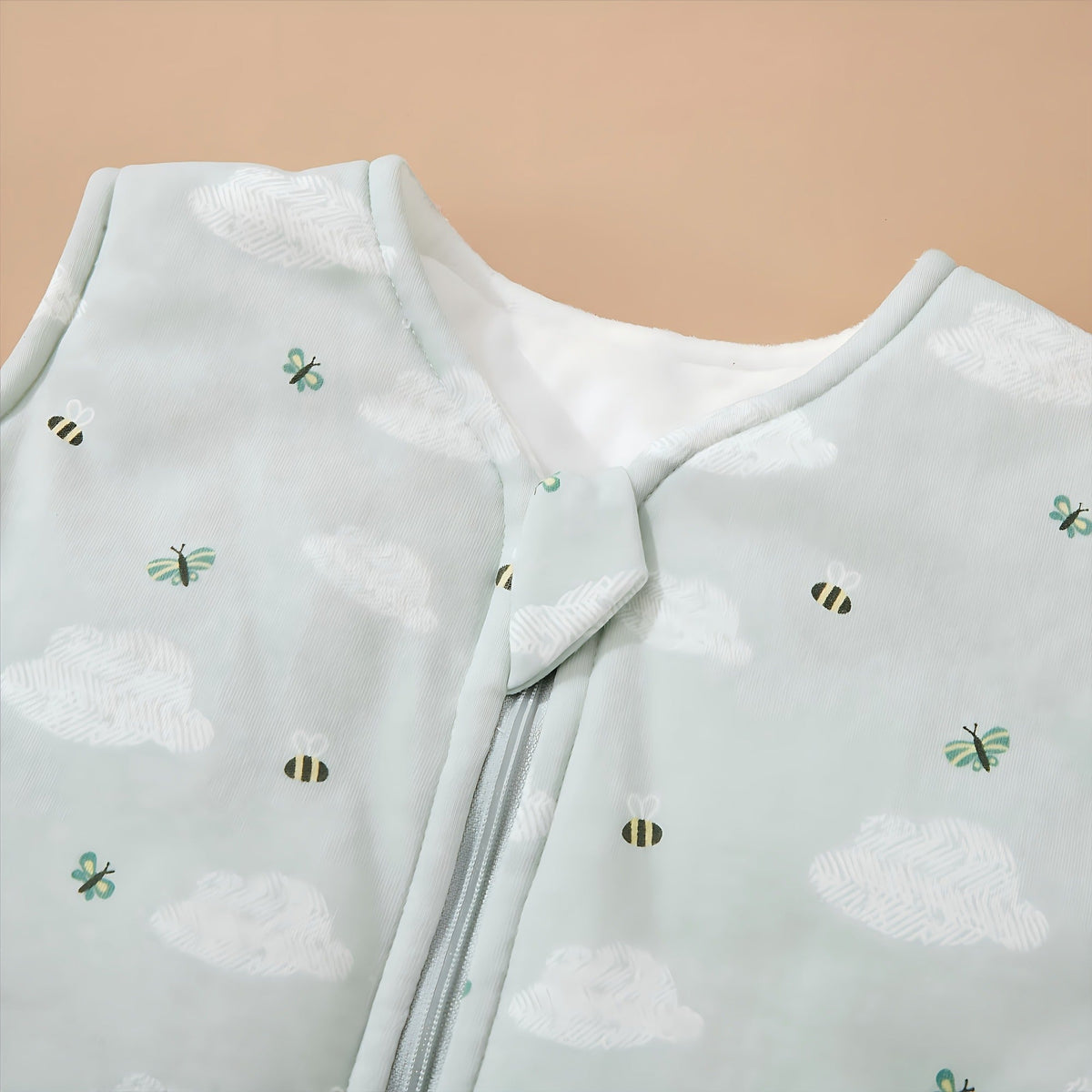 Quilted Baby Sleep Sack in Green Bee Print with Two-Way Zipper and Sleeveless Shape for Cooler Seasons