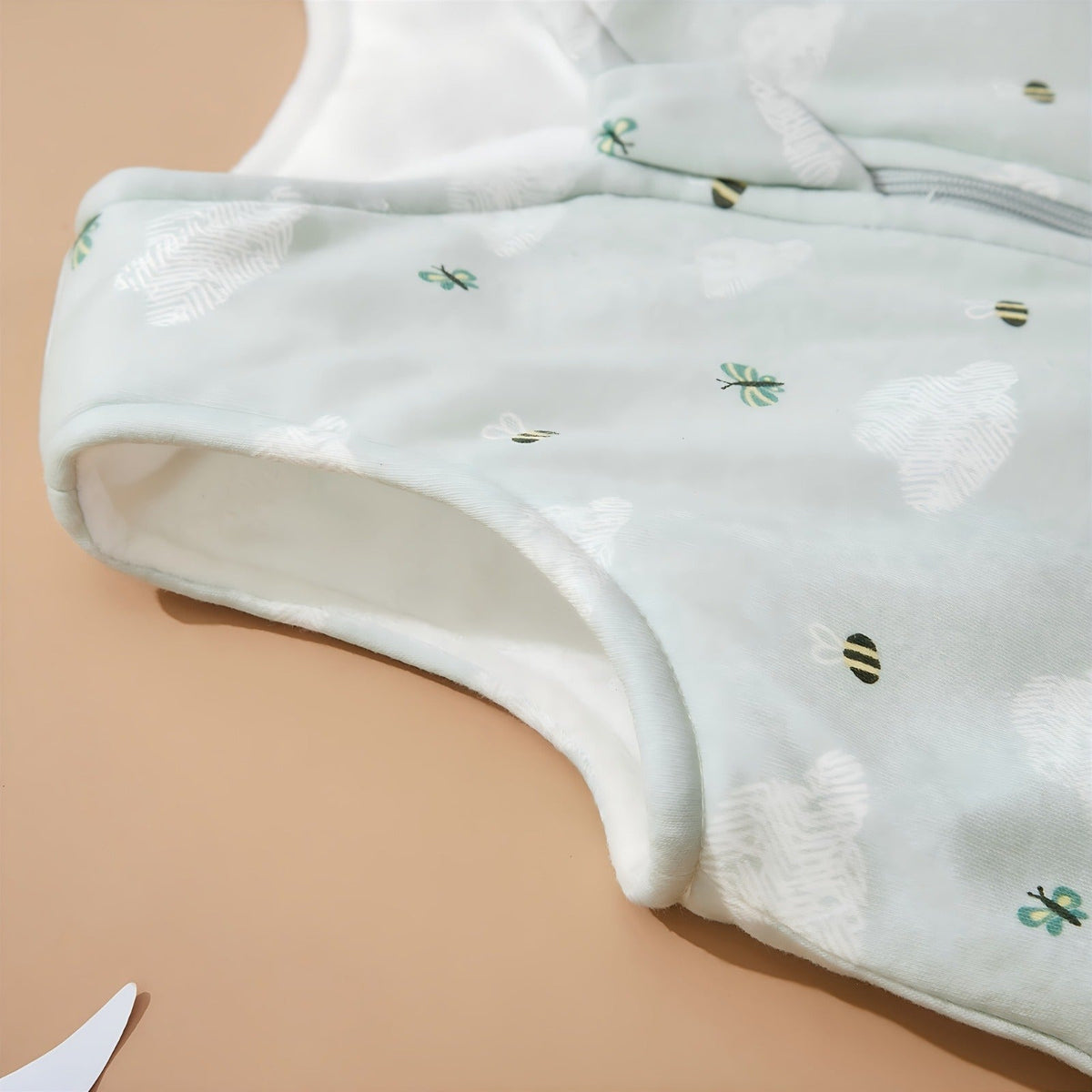 Quilted Baby Sleep Sack in Green Bee Print with Two-Way Zipper and Sleeveless Shape for Cooler Seasons