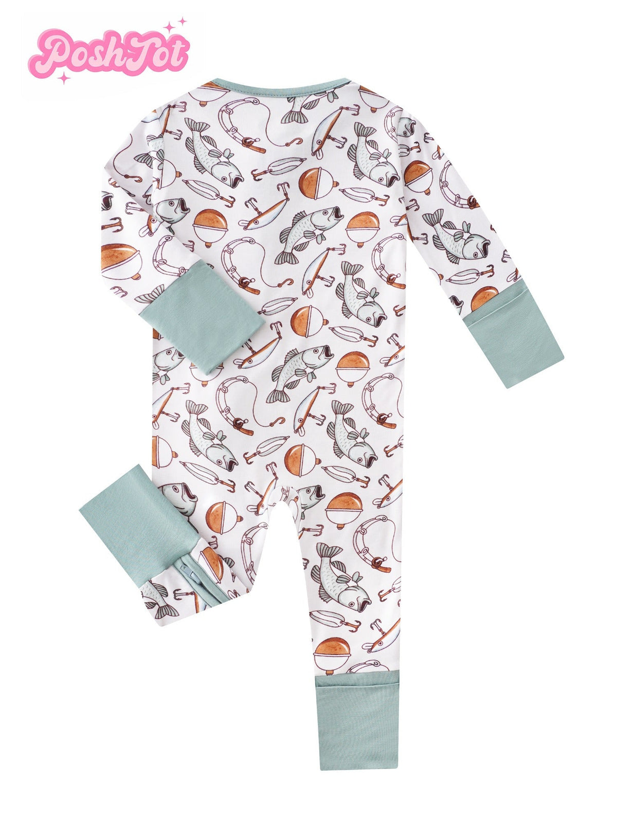 Baby Fishing Print Zip Romper in Ivory White with Mint Fold Over Cuffs and Long Sleeves for Daily Wear