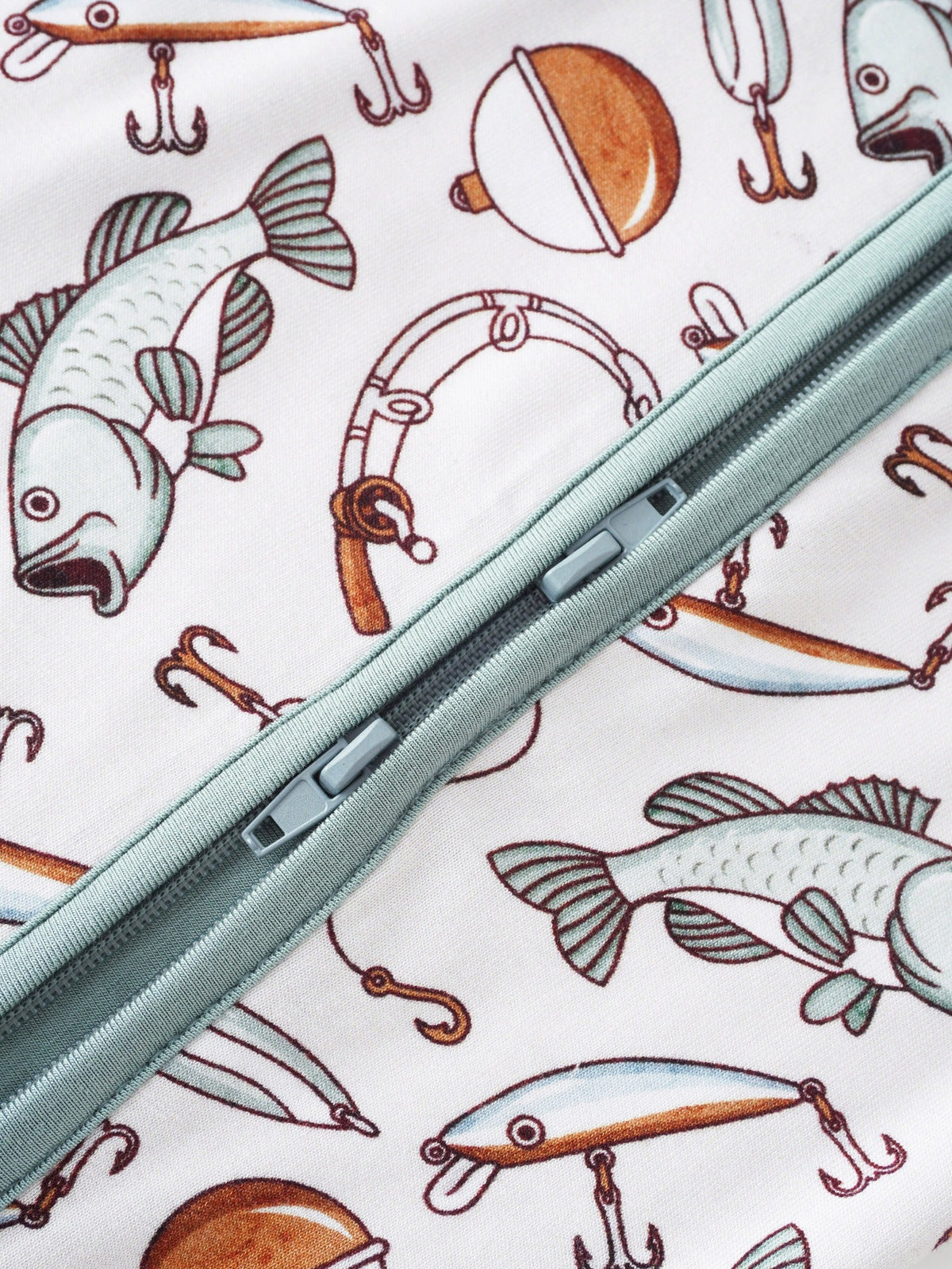 Baby Fishing Print Zip Romper in Ivory White with Mint Fold Over Cuffs and Long Sleeves for Daily Wear