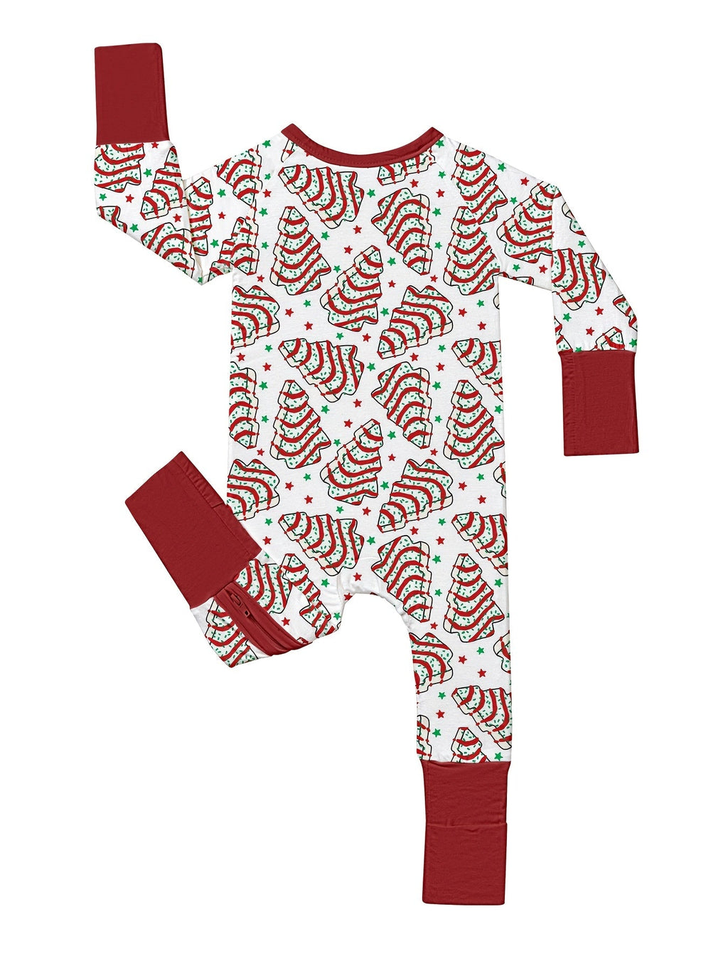 Baby Christmas Tree Cake Zip Romper with Red Fold Over Cuffs and Long Sleeves for Holiday Outfits