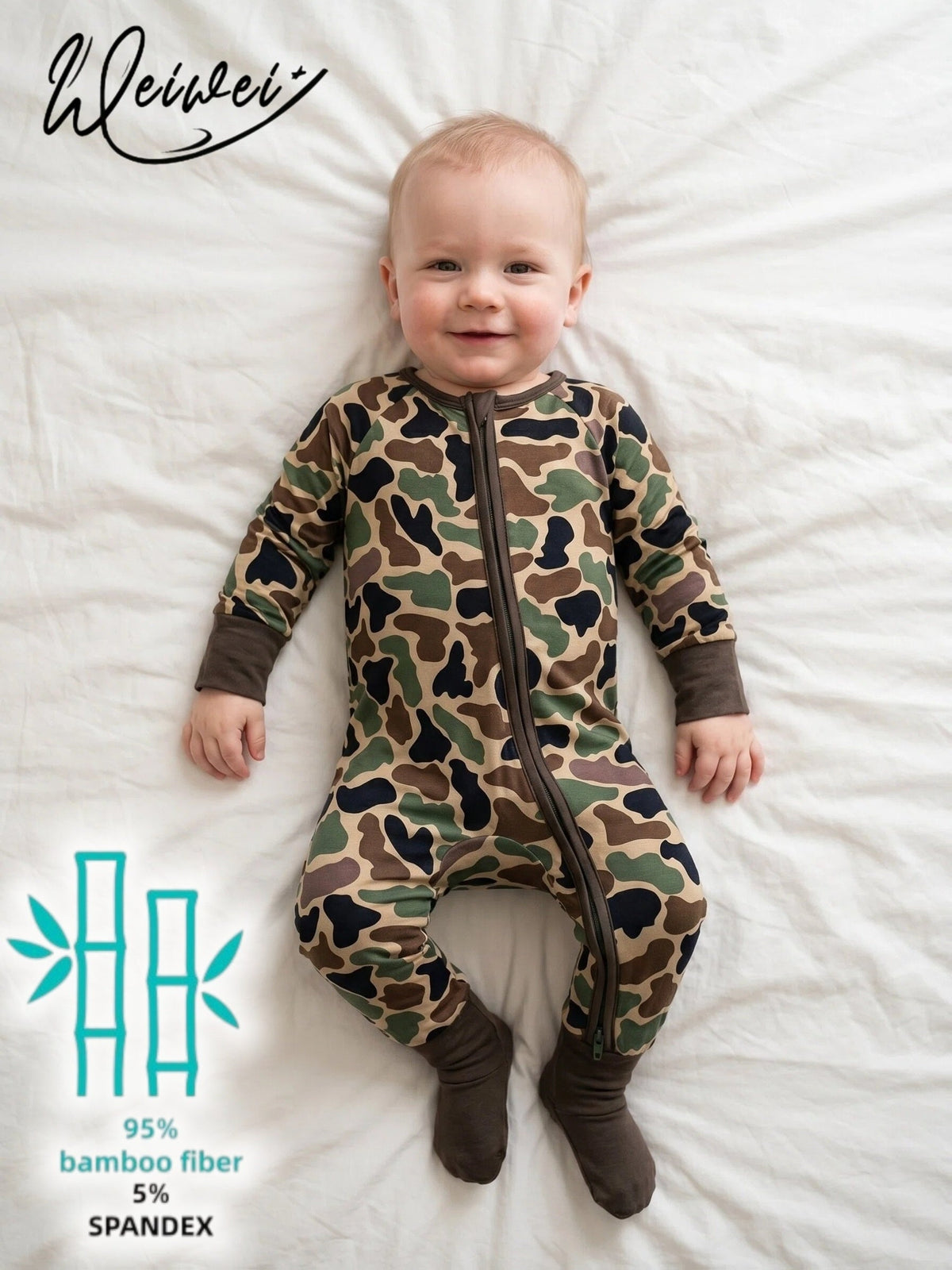 Baby Camouflage Zip Romper with Fold Over Hand and Foot Cuffs in a Stretch Bamboo Fiber Blend